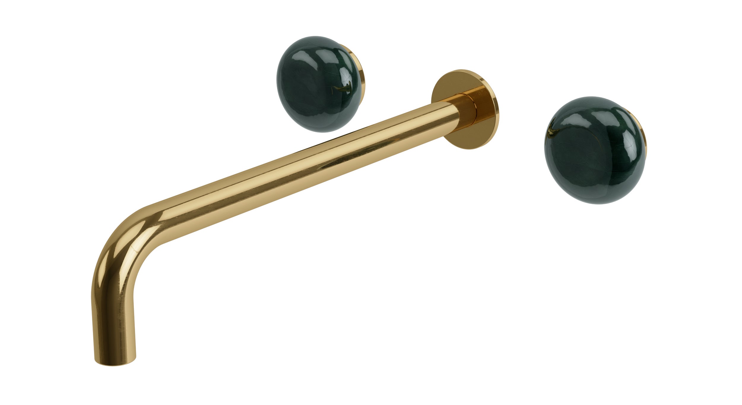 Foundry Two Handle Wall Mount 12" Lavatory Faucet with Pebble Ceramic Knob Handles in Uncoated Polished Brass