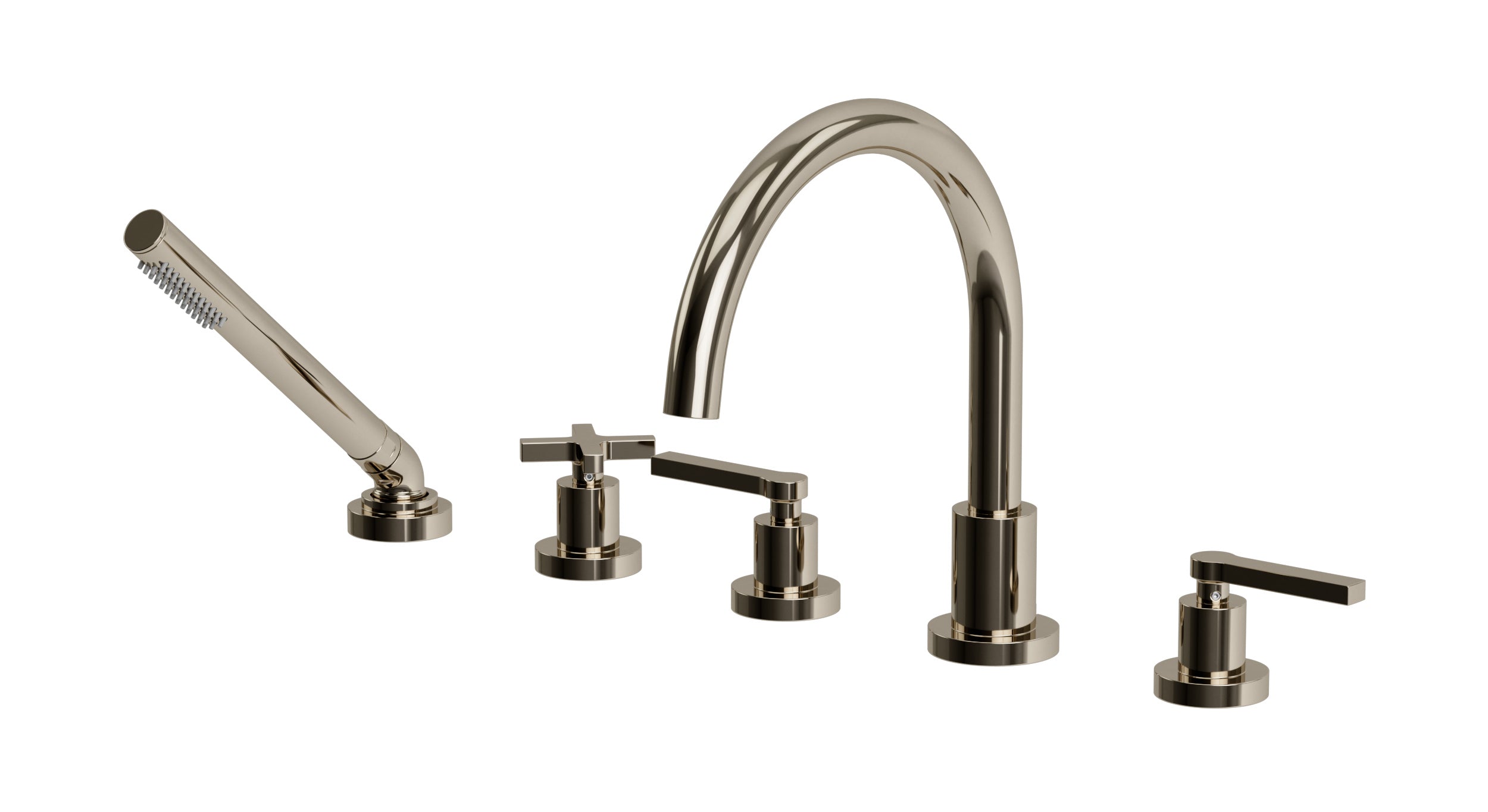 Flatiron Three Handle Deck Mount Gooseneck Bath Trim with Hand Shower and Linear Cross/Linear Lever Handles