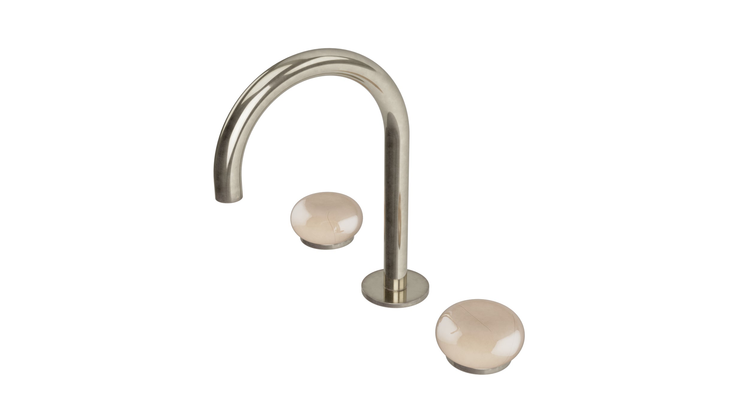 Foundry Two Handle Deck Mount Gooseneck Lavatory Faucet with Pebble Ceramic Knob Handles in French Nickel