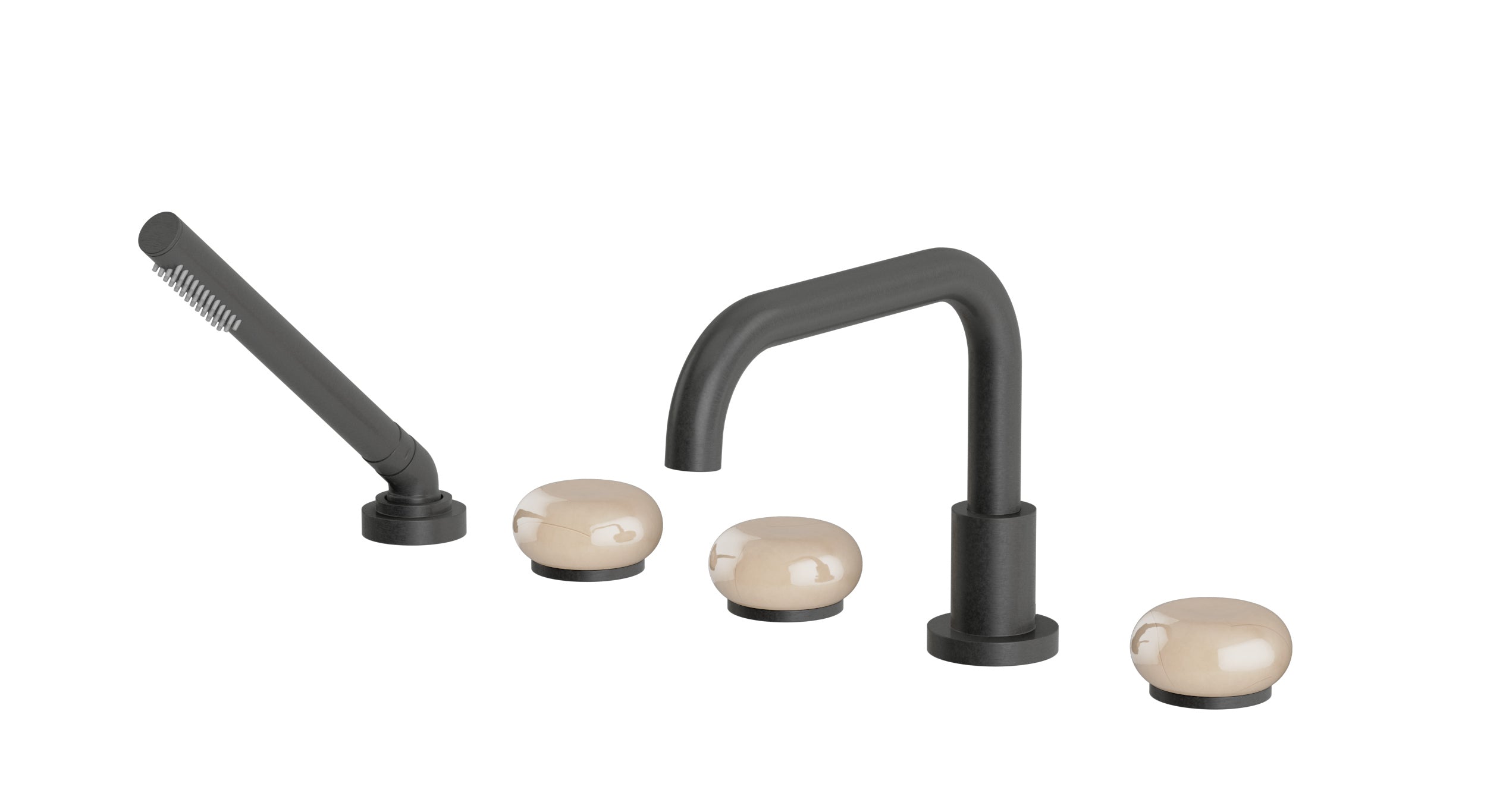 Foundry Three Handle Deck Mount Squaretop Bath Trim with Hand Shower and Pebble Ceramic Knob Handles in Blackened Nickel