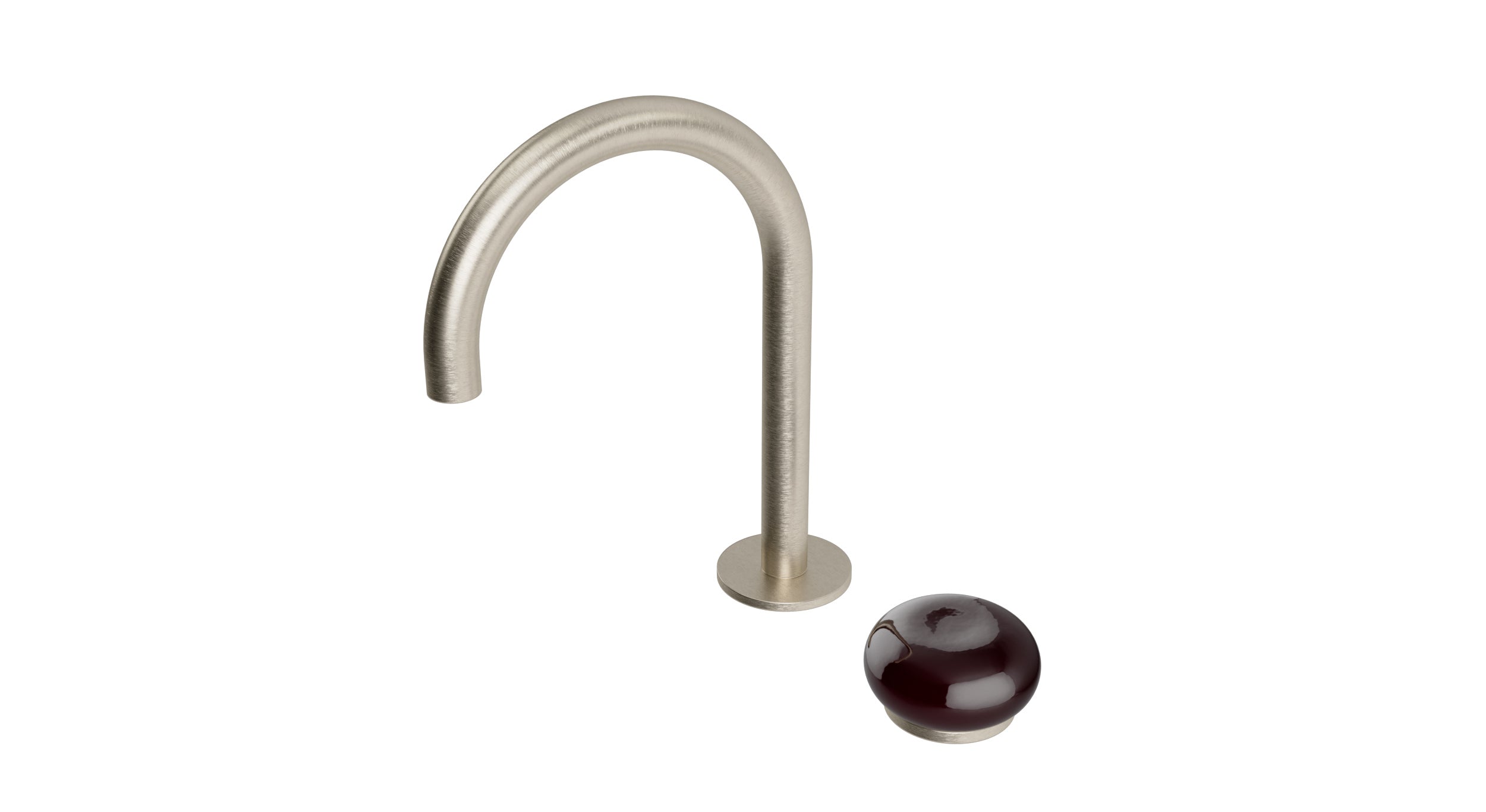 Foundry One Handle Deck Mount Gooseneck Lavatory Faucet with Pebble Ceramic Knob Handle in Satin Nickel