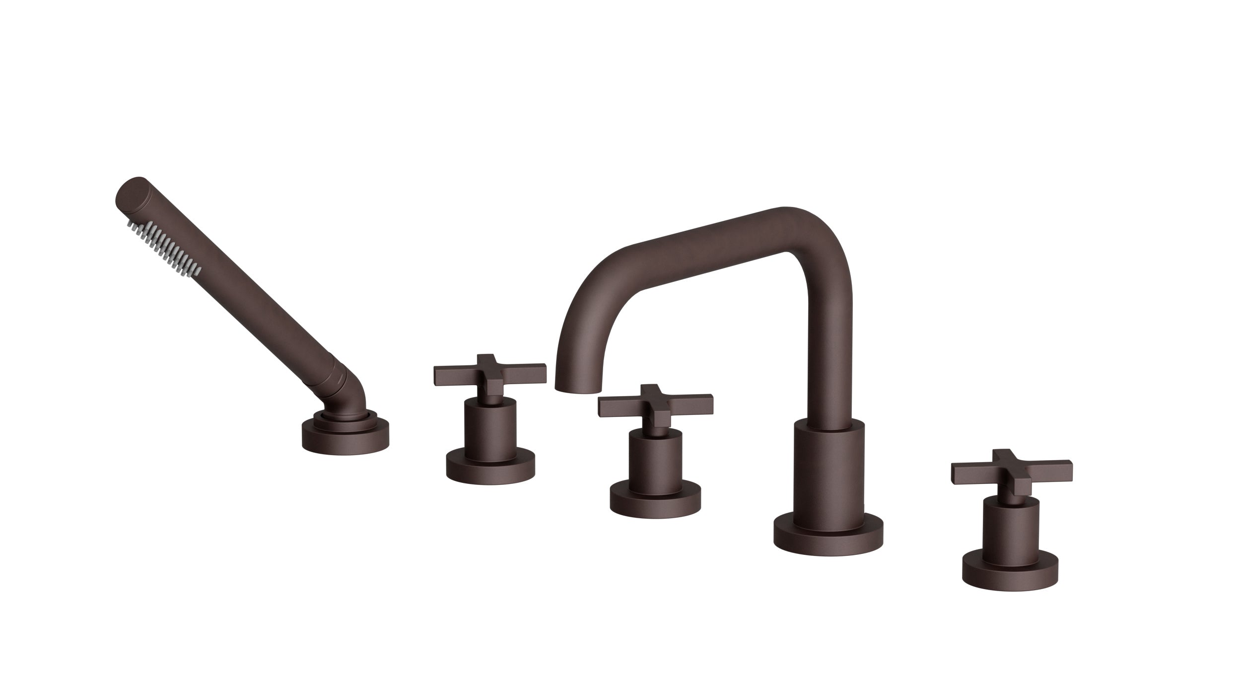 Flatiron Three Handle Deck Mount Squaretop Bath Trim with Hand Shower and Linear Cross Handles in Architectural Copper