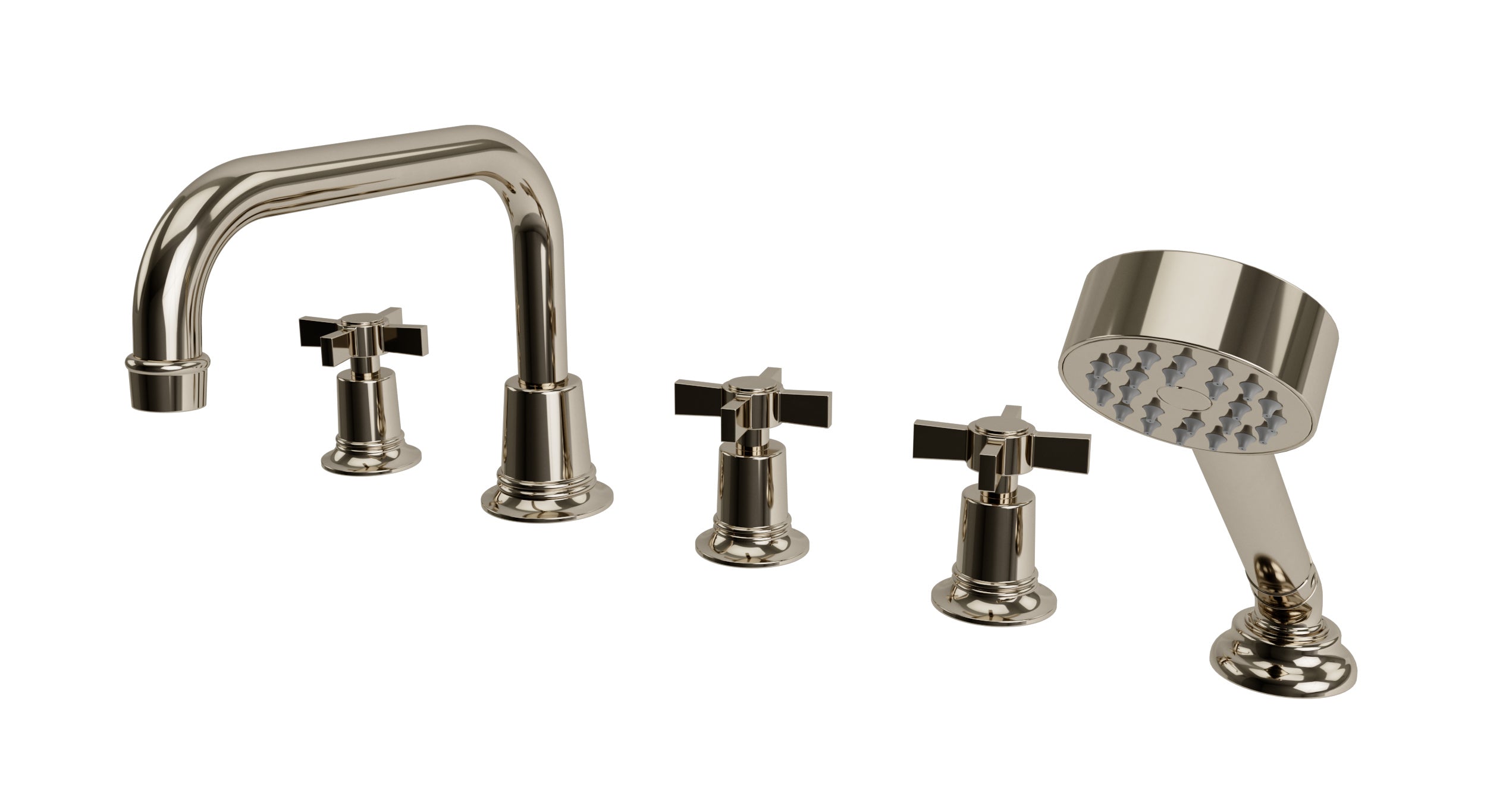 Emerson Three Handle Deck Mount Squaretop Bath Trim with Hand Shower and Defined Cross Handles