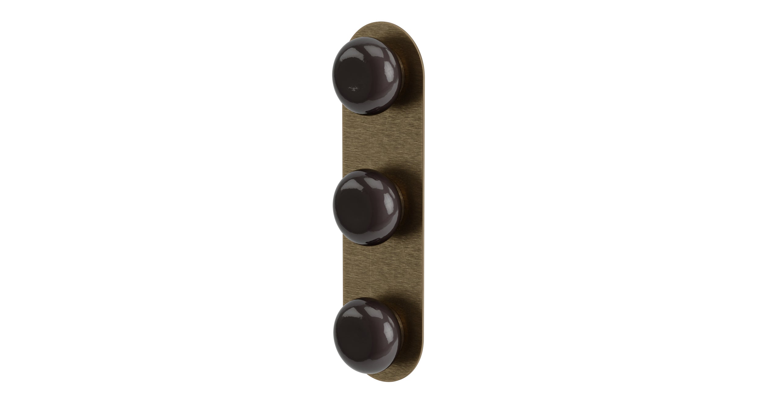 Foundry Three Handle Wall Mount Shower Trim with Pebble Ceramic Knob Handles in Antique Brass