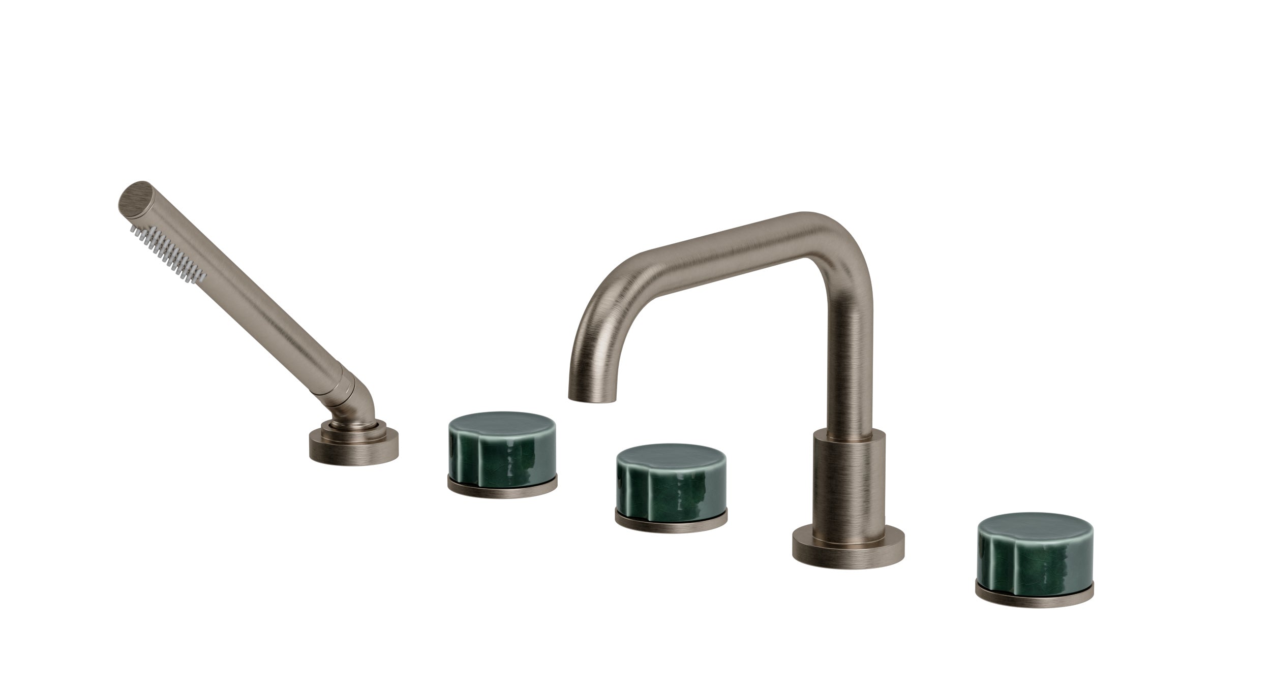 Foundry Three Handle Deck Mount Squaretop Bath Trim with Hand Shower and Groove Ceramic Knob Handles in Antique Nickel
