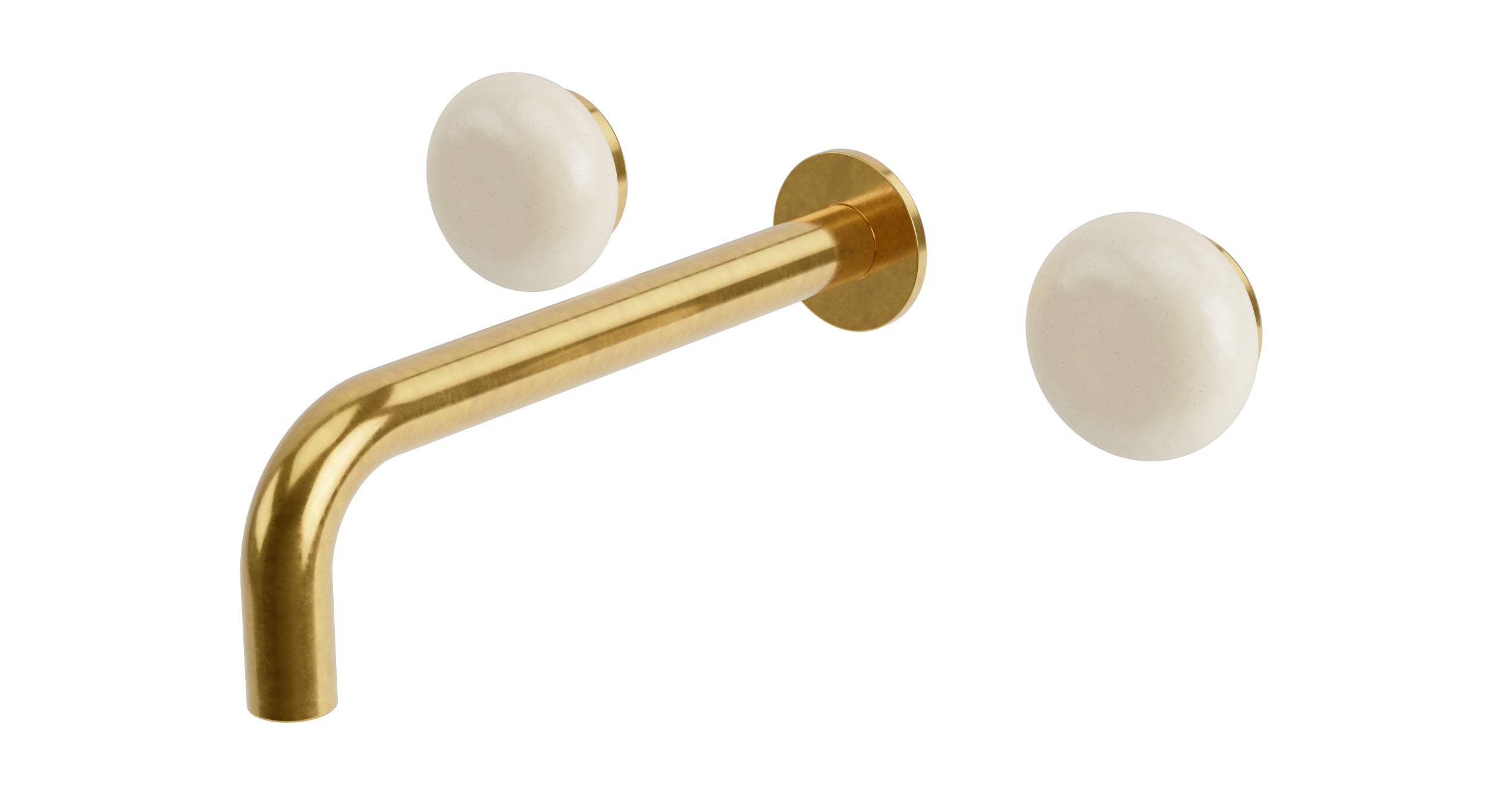 Foundry Two Handle Wall Mount 7.5" Lavatory Faucet with Pebble Ceramic Knob Handles in French Brass