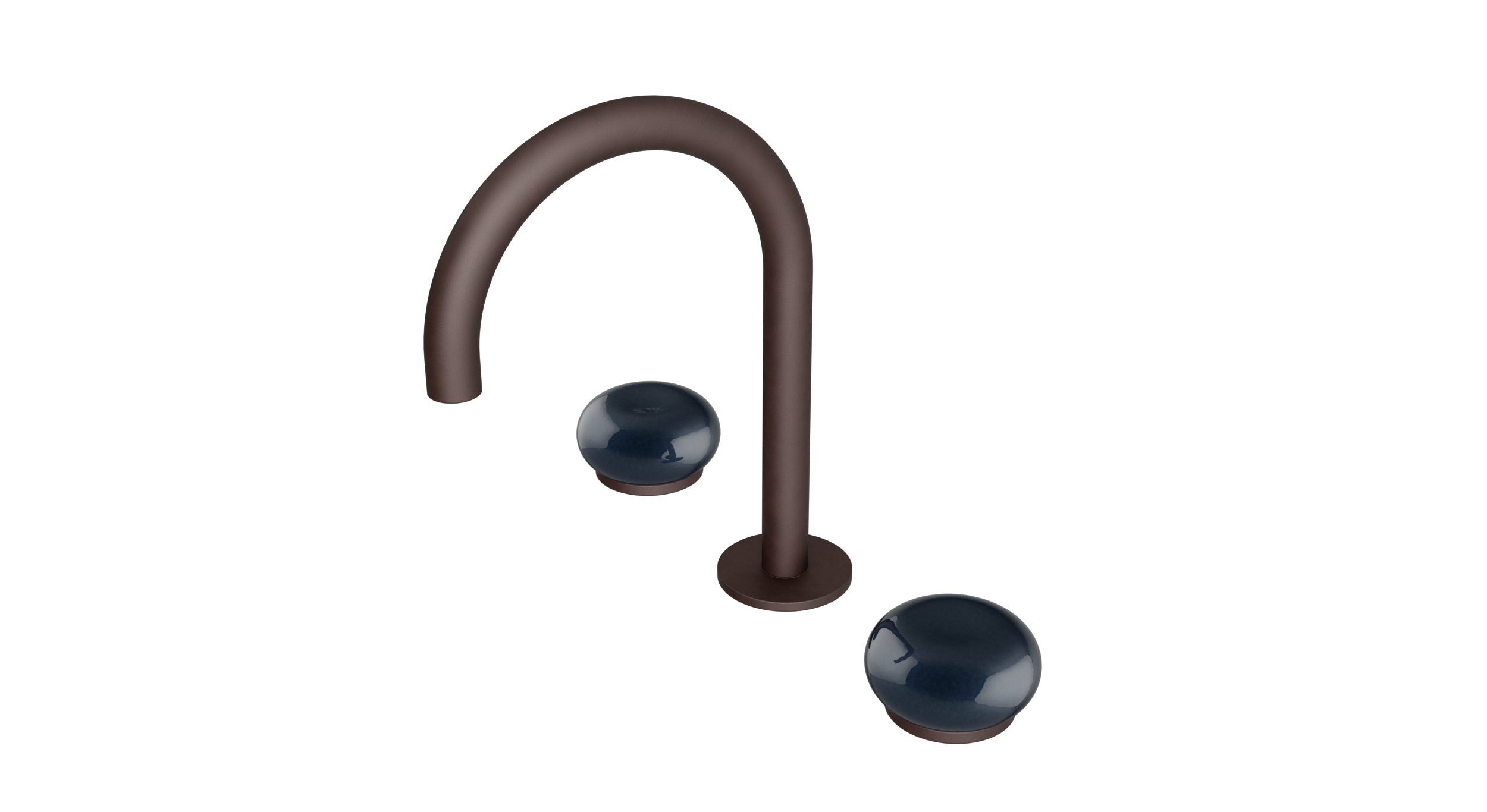 Foundry Two Handle Deck Mount Gooseneck Lavatory Faucet with Pebble Ceramic Knob Handles in Architectural Copper