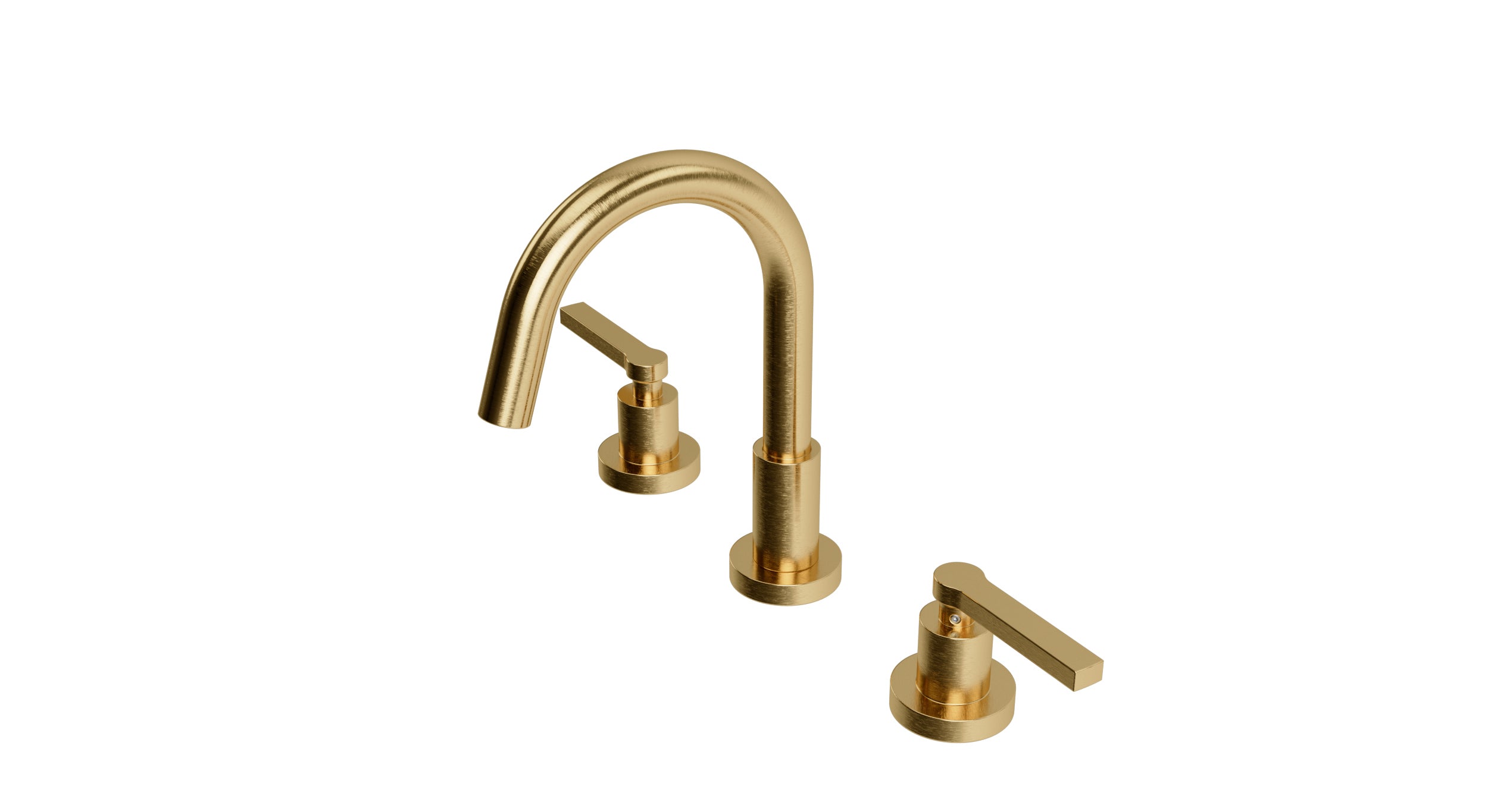Flatiron Two Handle Deck Mount Short Gooseneck Lavatory Faucet with Linear Lever Handles in Satin Brass