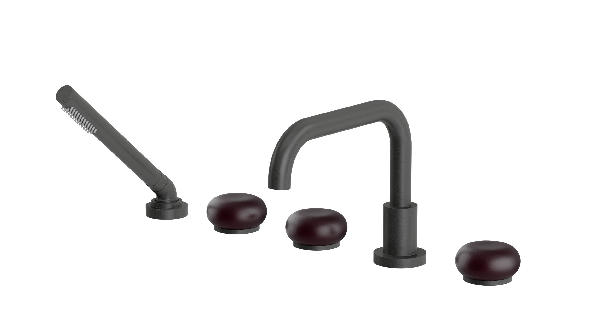 Foundry Three Handle Deck Mount Squaretop Bath Trim with Hand Shower and Pebble Ceramic Knob Handles in Blackened Nickel
