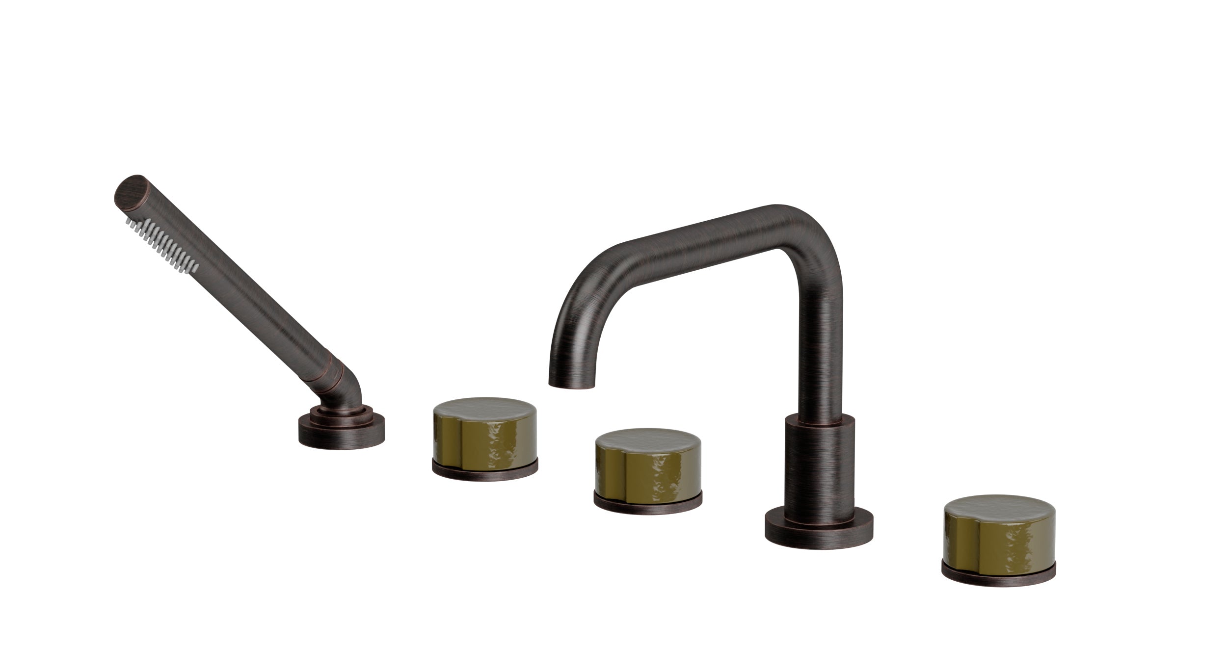 Foundry Three Handle Deck Mount Squaretop Bath Trim with Hand Shower and Groove Ceramic Knob Handles in Antique Bronze