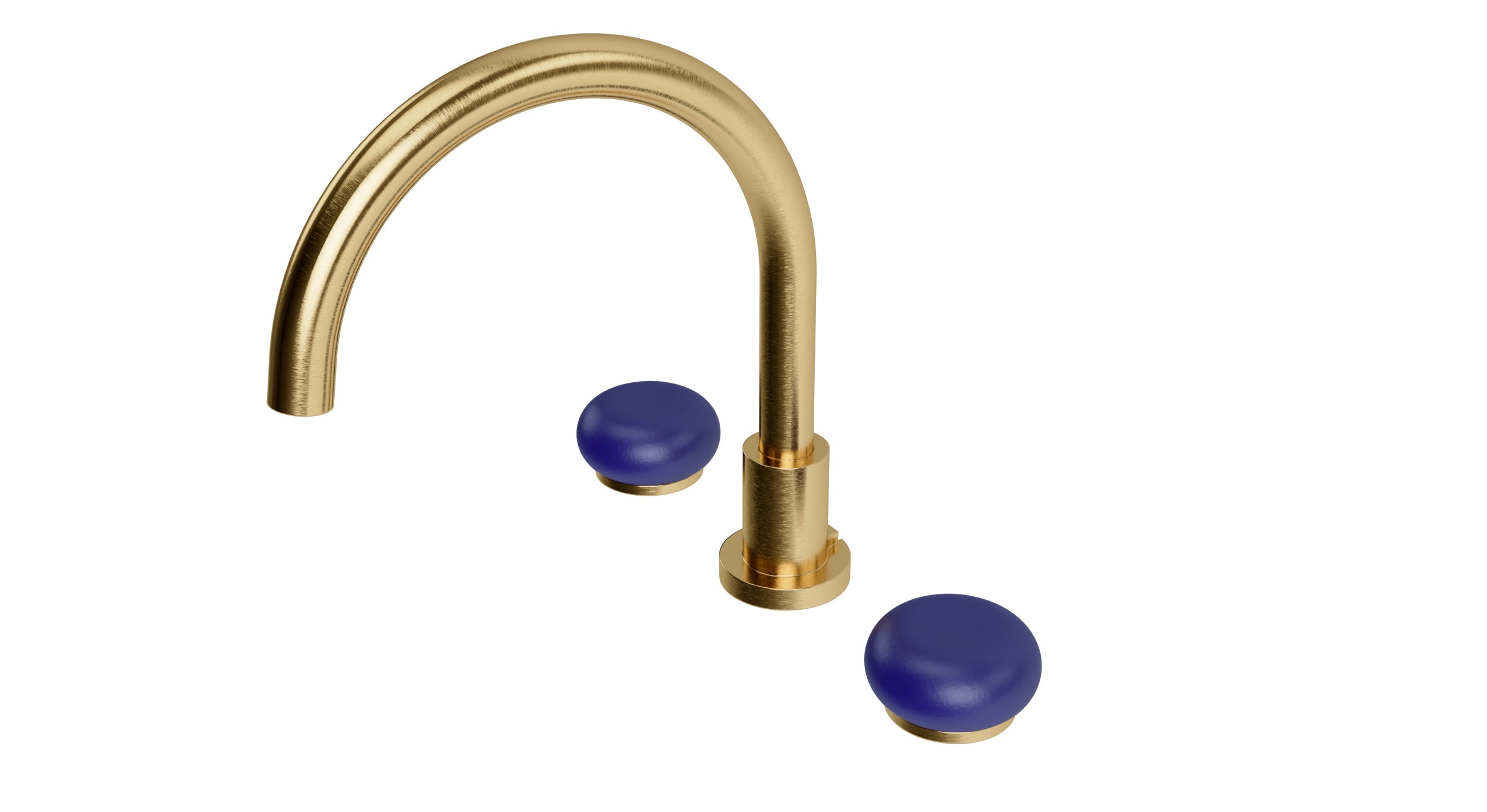 Foundry Two Handle Deck Mount Gooseneck Bath Trim with Pebble Ceramic Knob Handles in Satin Brass