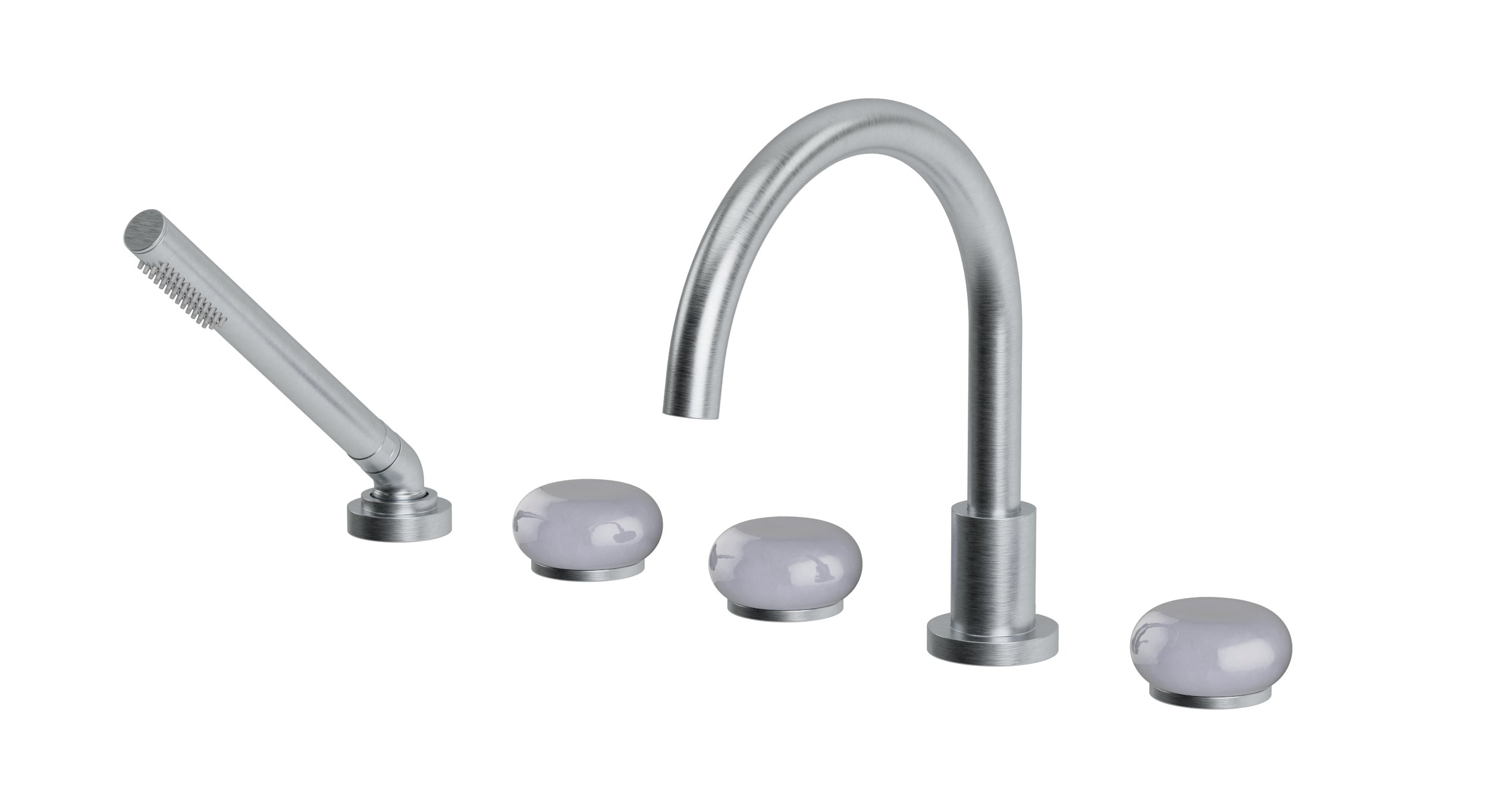 Foundry Three Handle Deck Mount Gooseneck Bath Trim with Hand Shower and Pebble Ceramic Knob Handles in Satin Chrome