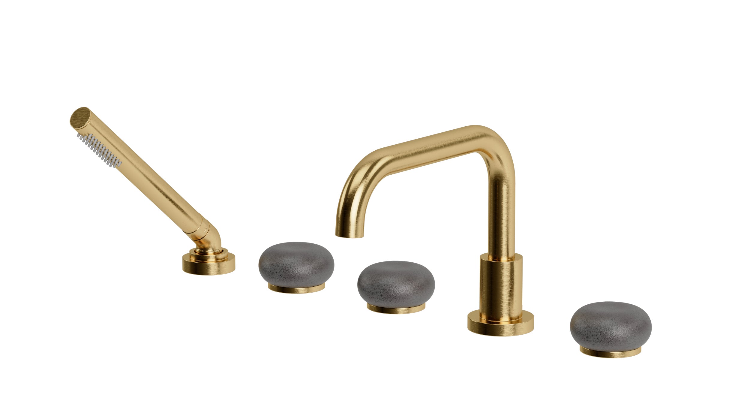 Foundry Three Handle Deck Mount Squaretop Bath Trim with Hand Shower and Pebble Ceramic Knob Handles in Satin Brass