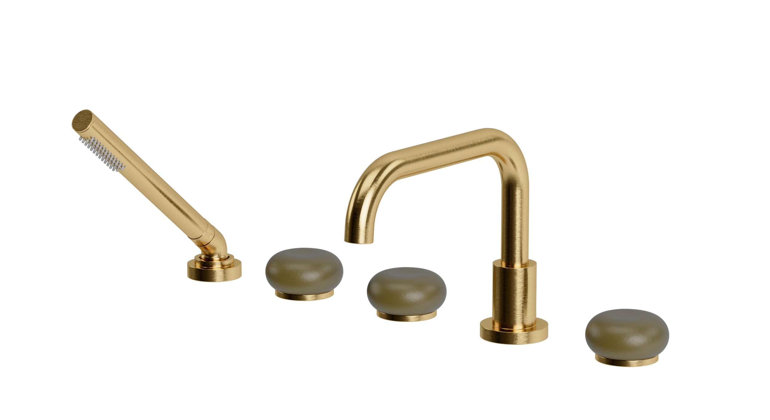 Foundry Three Handle Deck Mount Squaretop Bath Trim with Hand Shower and Pebble Ceramic Knob Handles in Satin Brass
