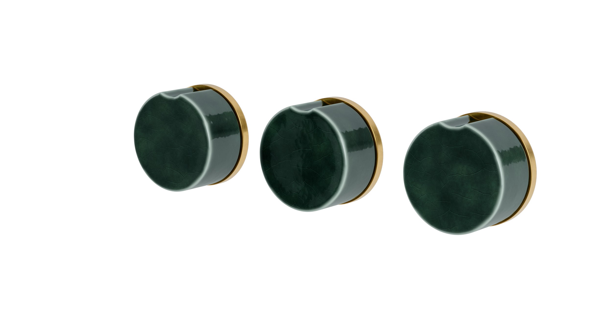 Foundry Three Handle Wall Mount Bath Trim with Diverter/Volume Control and Groove Ceramic Knob Handles in French Brass