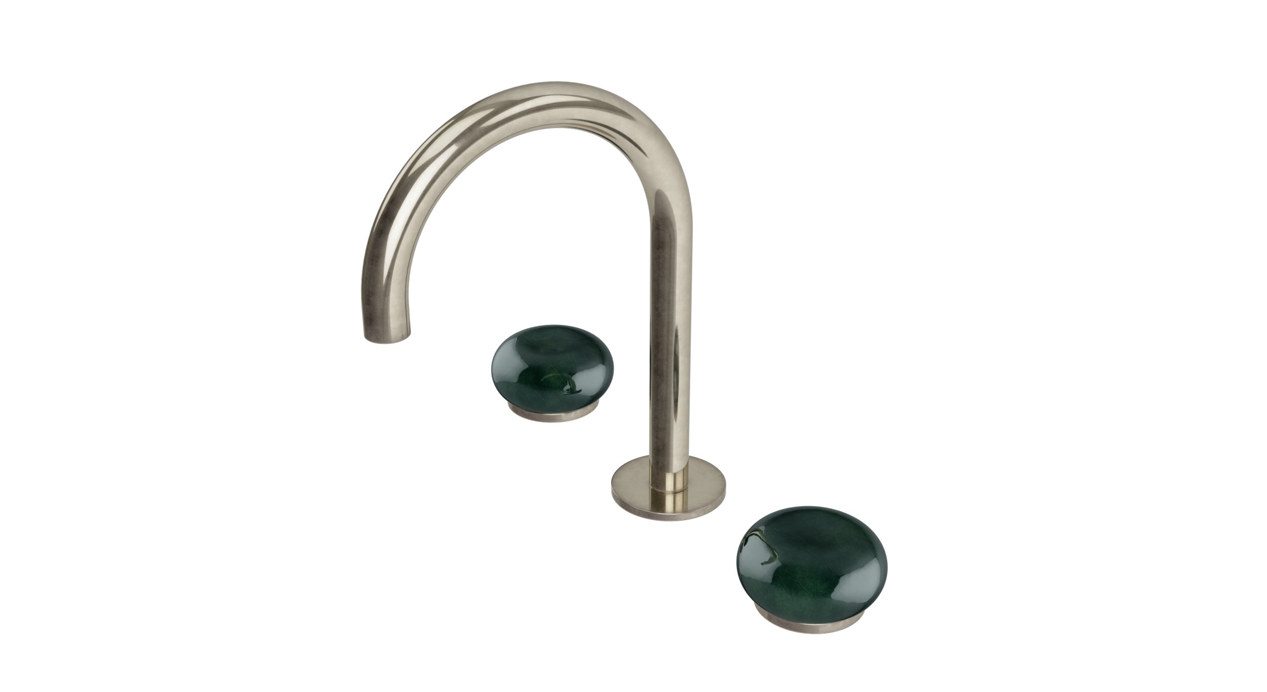 Foundry Two Handle Deck Mount Gooseneck Lavatory Faucet with Pebble Ceramic Knob Handles in French Nickel