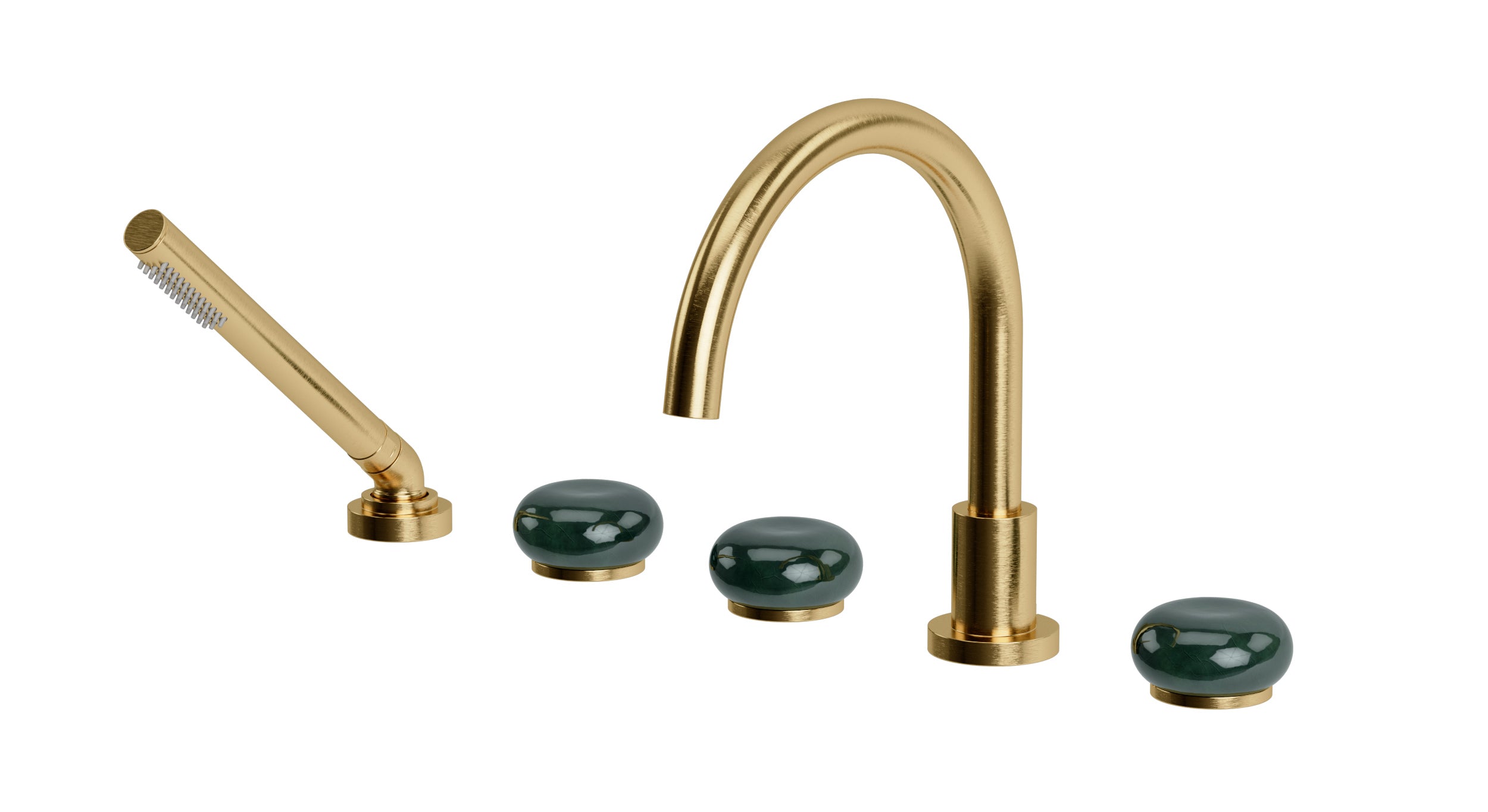 Foundry Three Handle Deck Mount Gooseneck Bath Trim with Hand Shower and Pebble Ceramic Knob Handles in Satin Brass