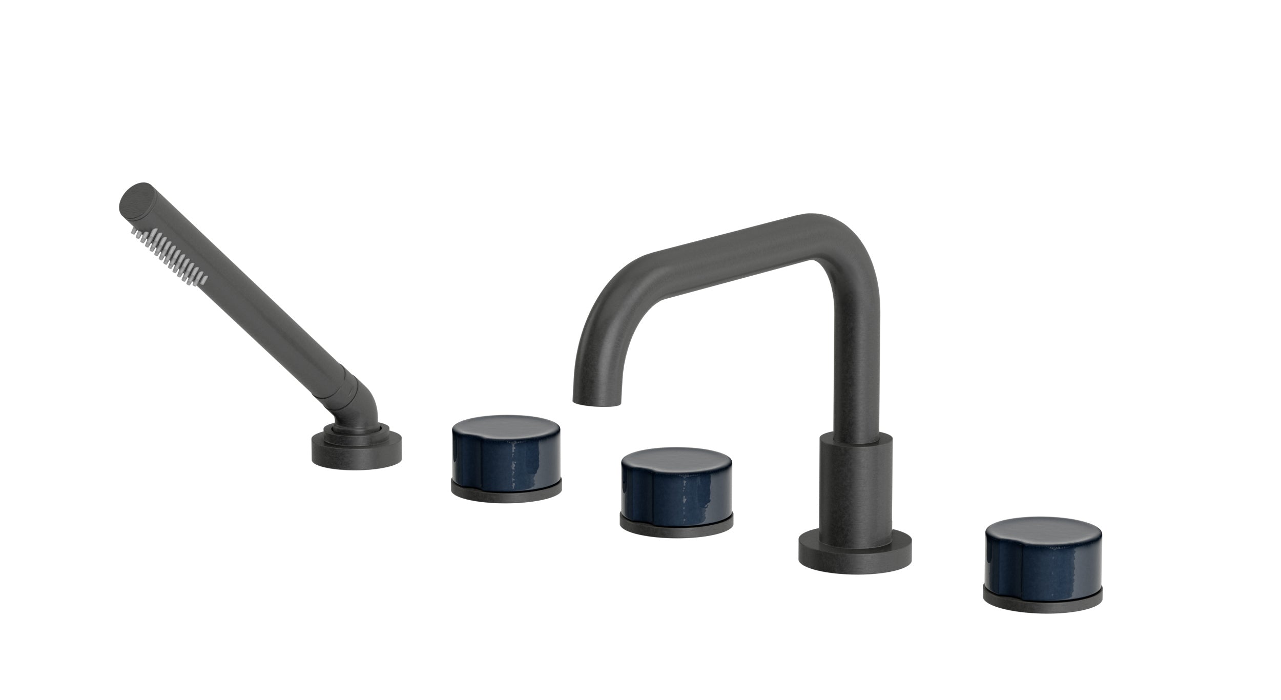 Foundry Three Handle Deck Mount Squaretop Bath Trim with Hand Shower and Groove Ceramic Knob Handles in Blackened Nickel