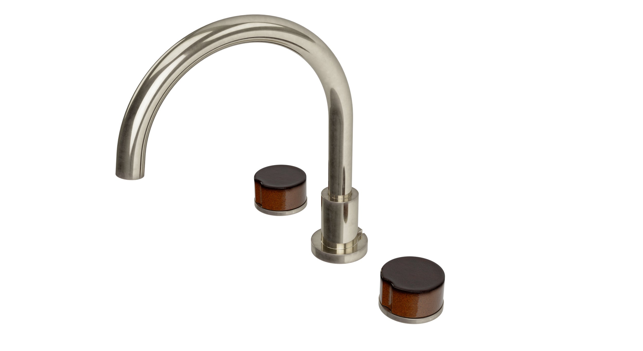Foundry Two Handle Deck Mount Gooseneck Bath Trim with Groove Ceramic Knob Handles in French Nickel