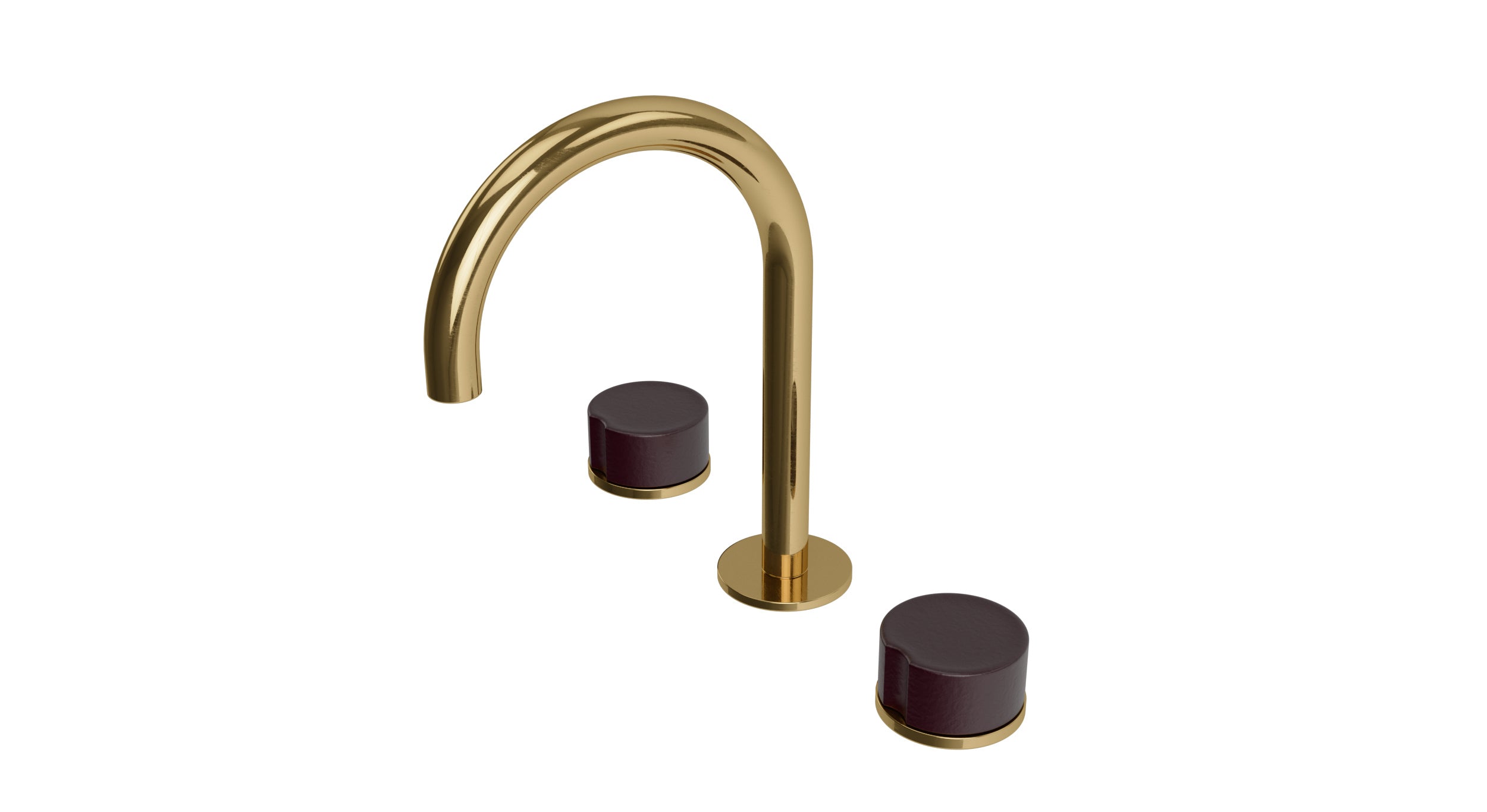 Foundry Two Handle Deck Mount Gooseneck Lavatory Faucet with Groove Ceramic Knob Handles in Uncoated Polished Brass