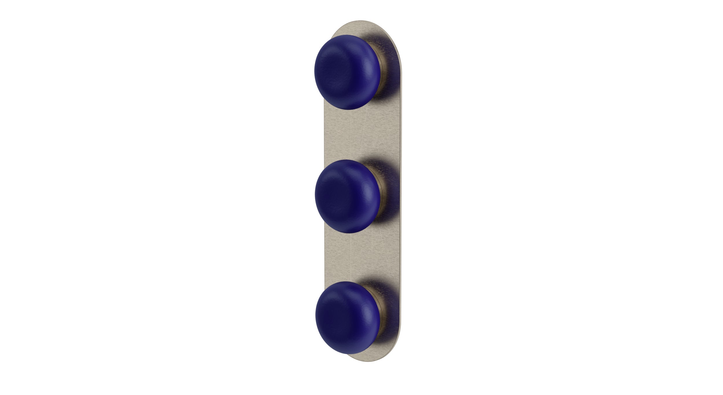 Foundry Three Handle Wall Mount Shower Trim with Pebble Ceramic Knob Handles in Satin Nickel