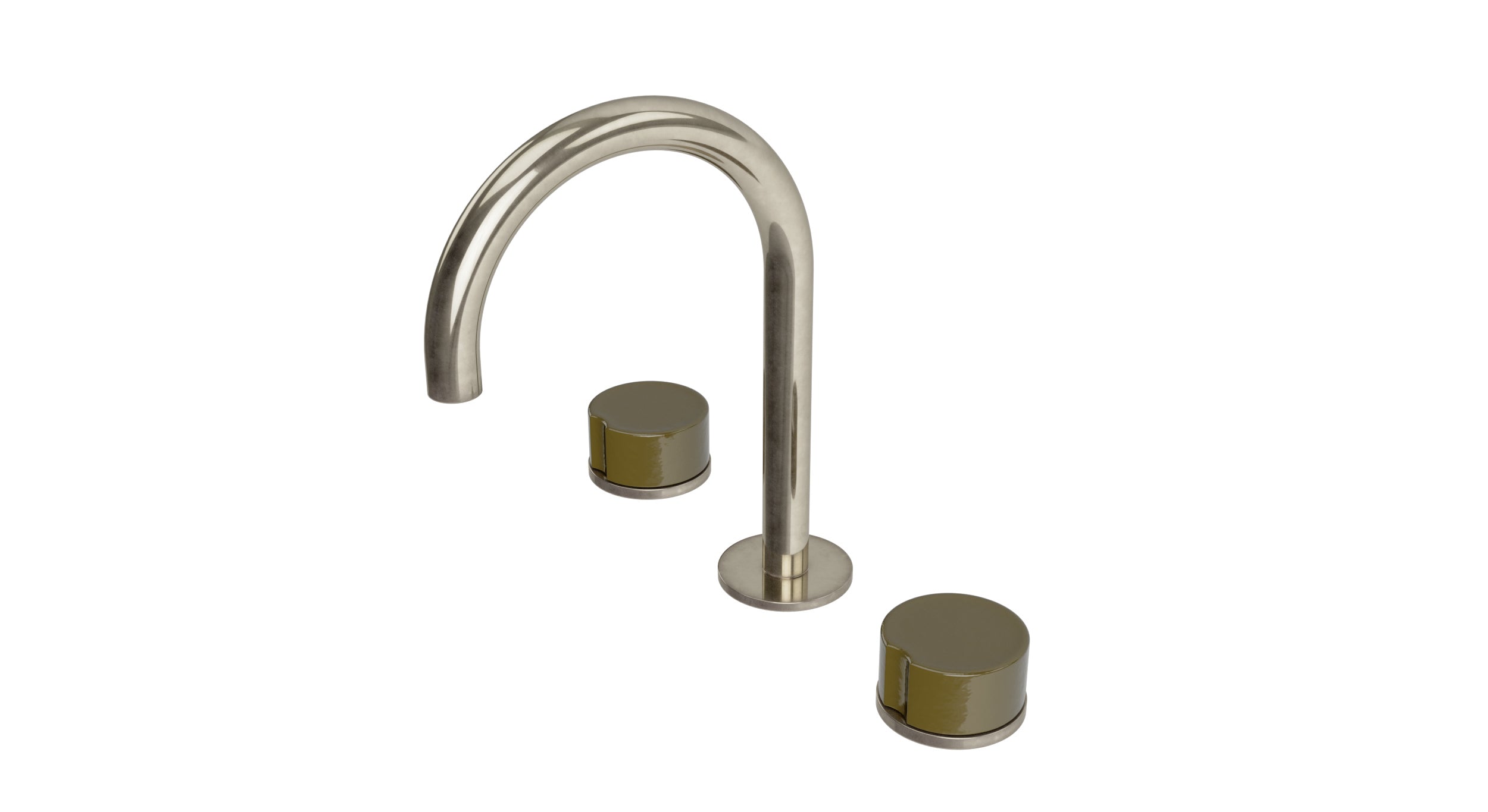 Foundry Two Handle Deck Mount Gooseneck Lavatory Faucet with Groove Ceramic Knob Handles in French Nickel