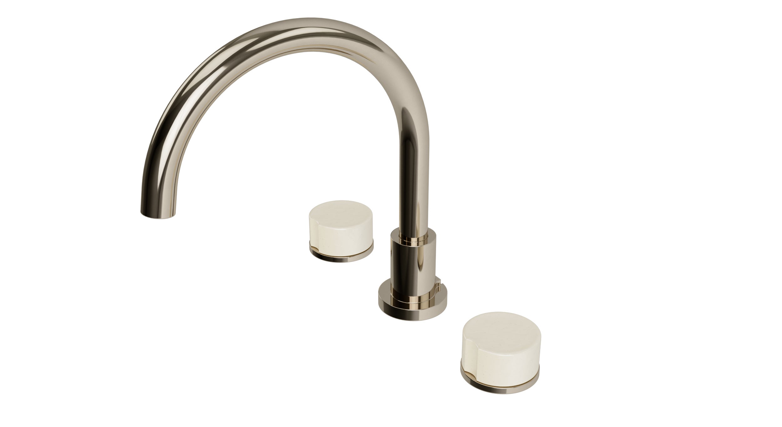 Foundry Two Handle Deck Mount Gooseneck Bath Trim with Groove Ceramic Knob Handles in Polished Nickel