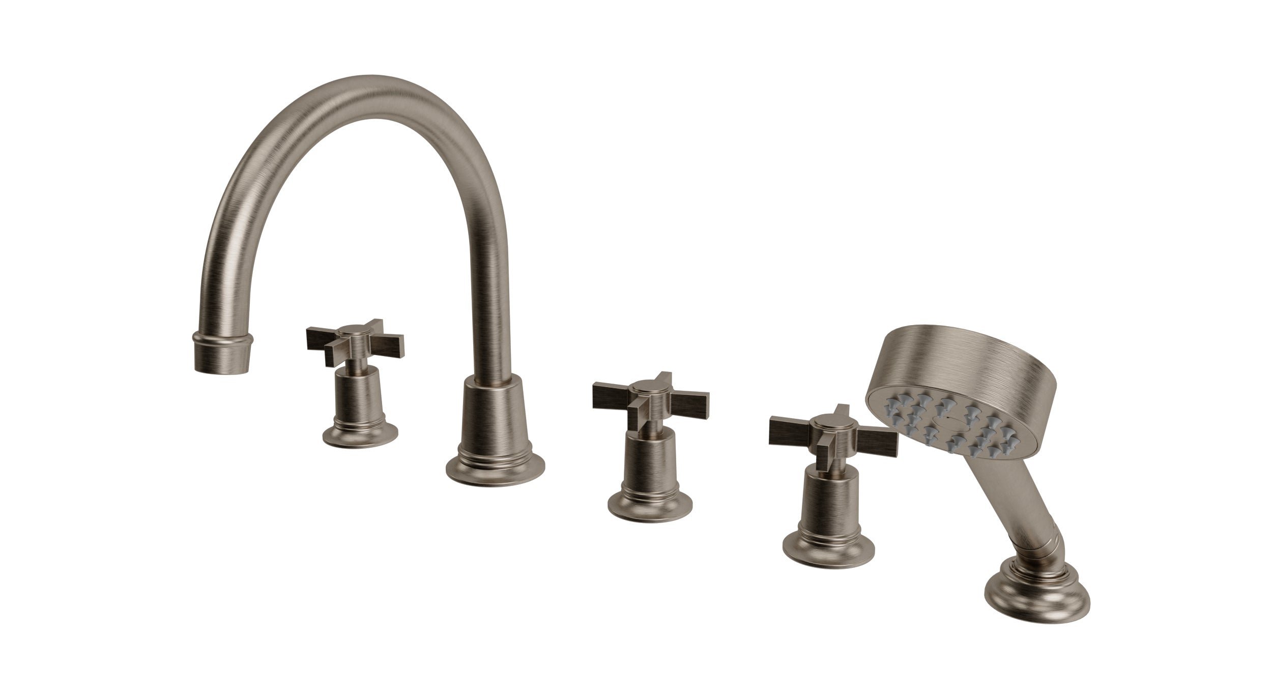 Emerson Three Handle Deck Mount Gooseneck Bath Trim with Hand Shower and Defined Cross Handles in Antique Nickel