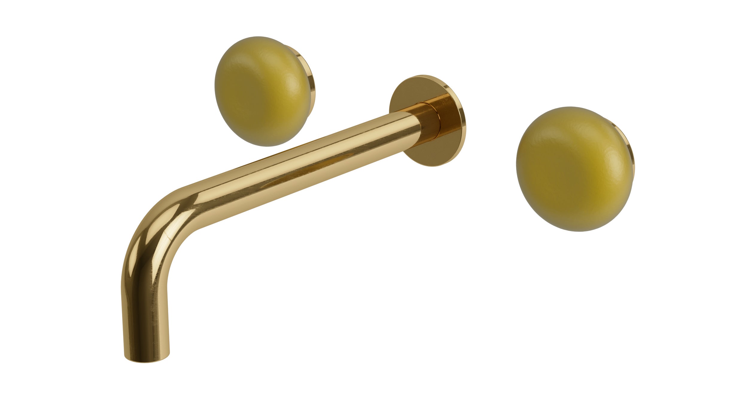 Foundry Two Handle Wall Mount 7.5" Lavatory Faucet with Pebble Ceramic Knob Handles in Uncoated Polished Brass