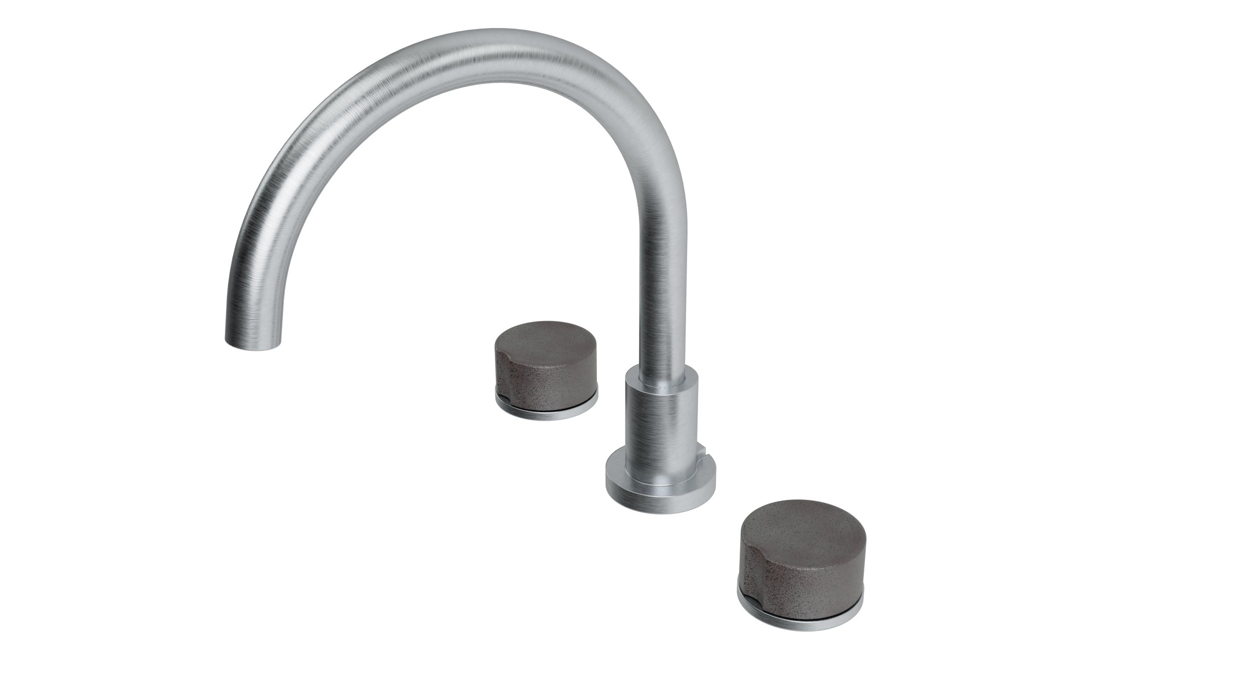 Foundry Two Handle Deck Mount Gooseneck Bath Trim with Groove Ceramic Knob Handles in Satin Chrome