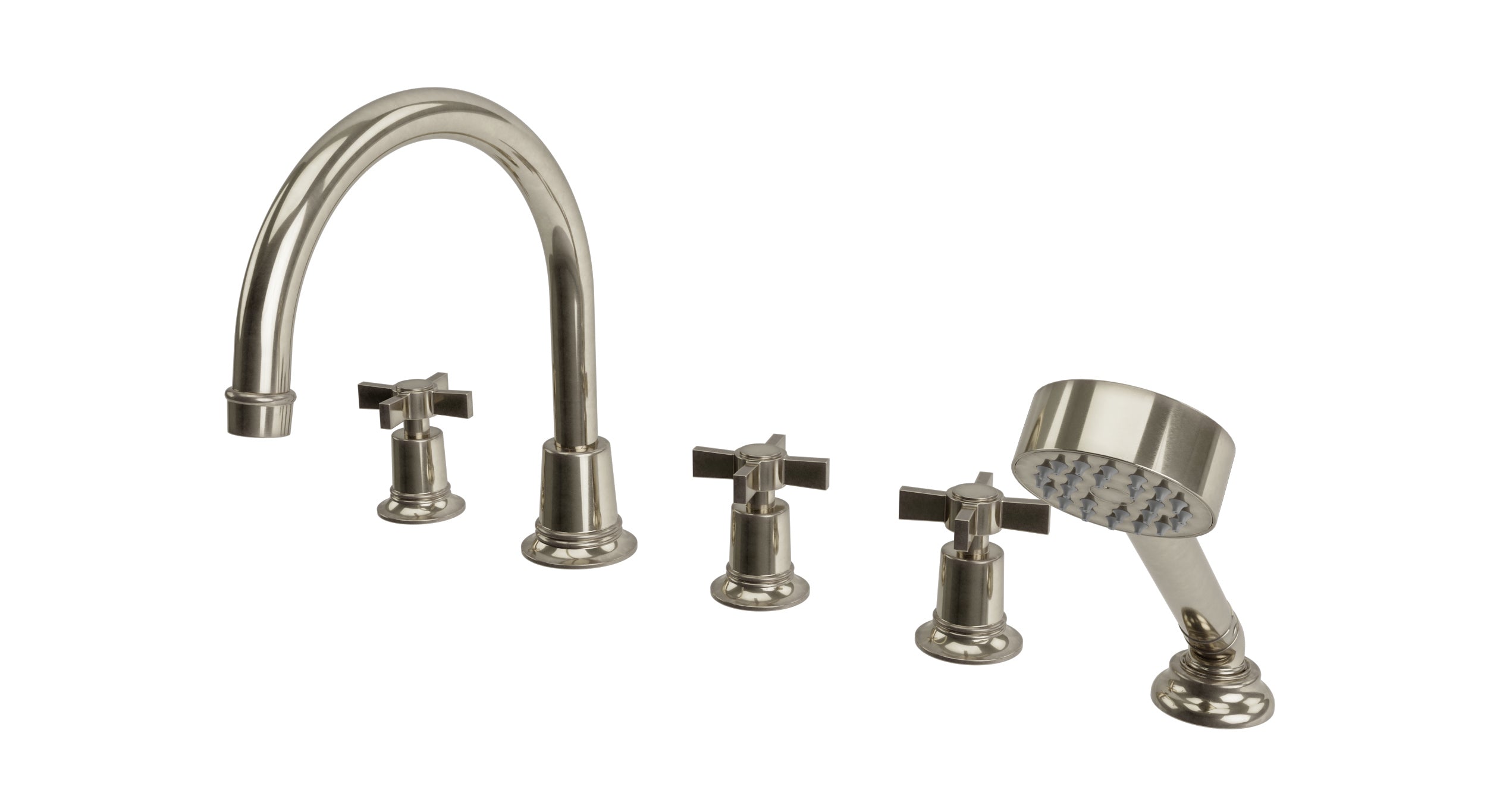 Emerson Three Handle Deck Mount Gooseneck Bath Trim with Hand Shower and Defined Cross Handles in French Nickel
