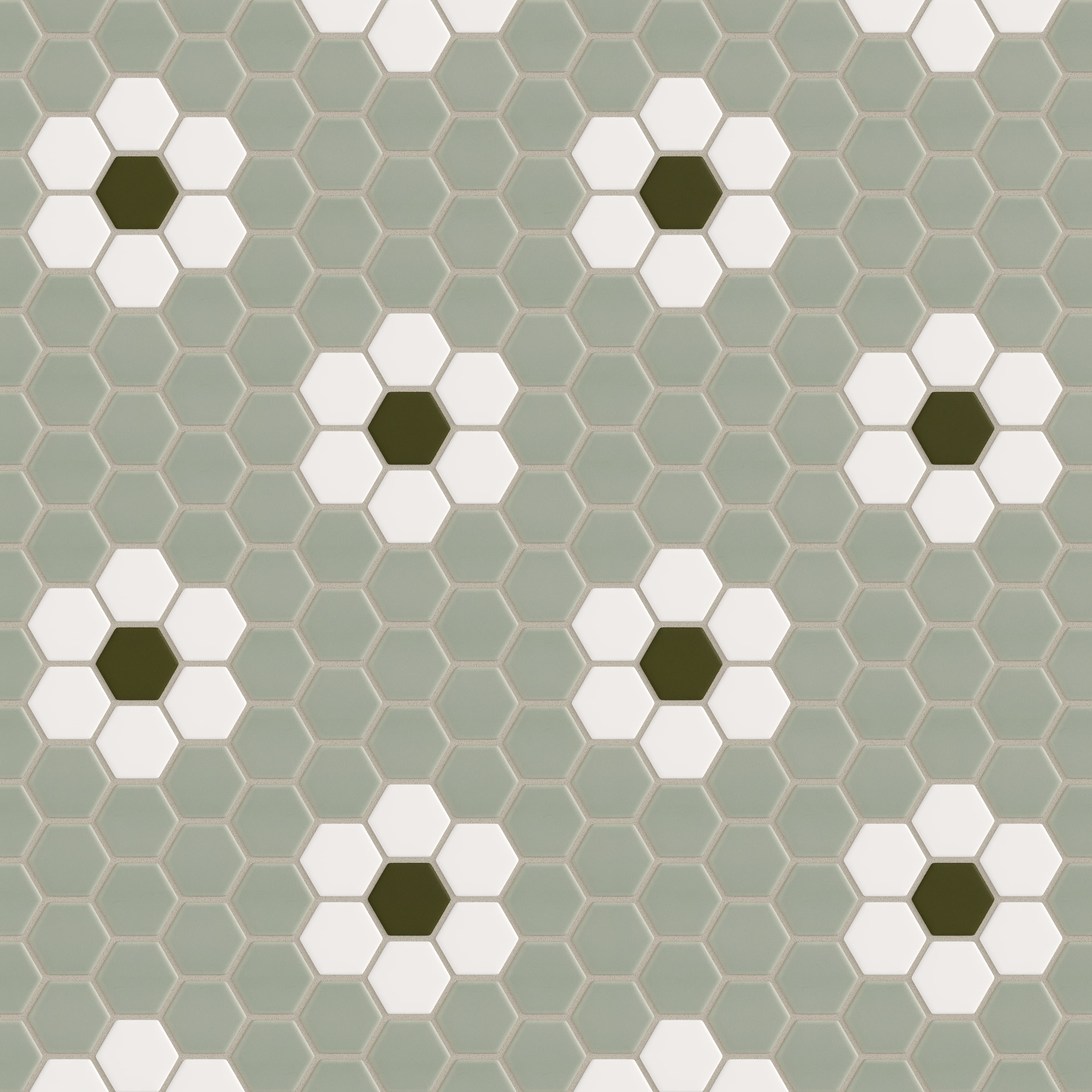 2" Hexagon Double Daisy Sheeted Original Ceramic Tile in Rosemary Matte, Calcite Matte & Bonsai Matte