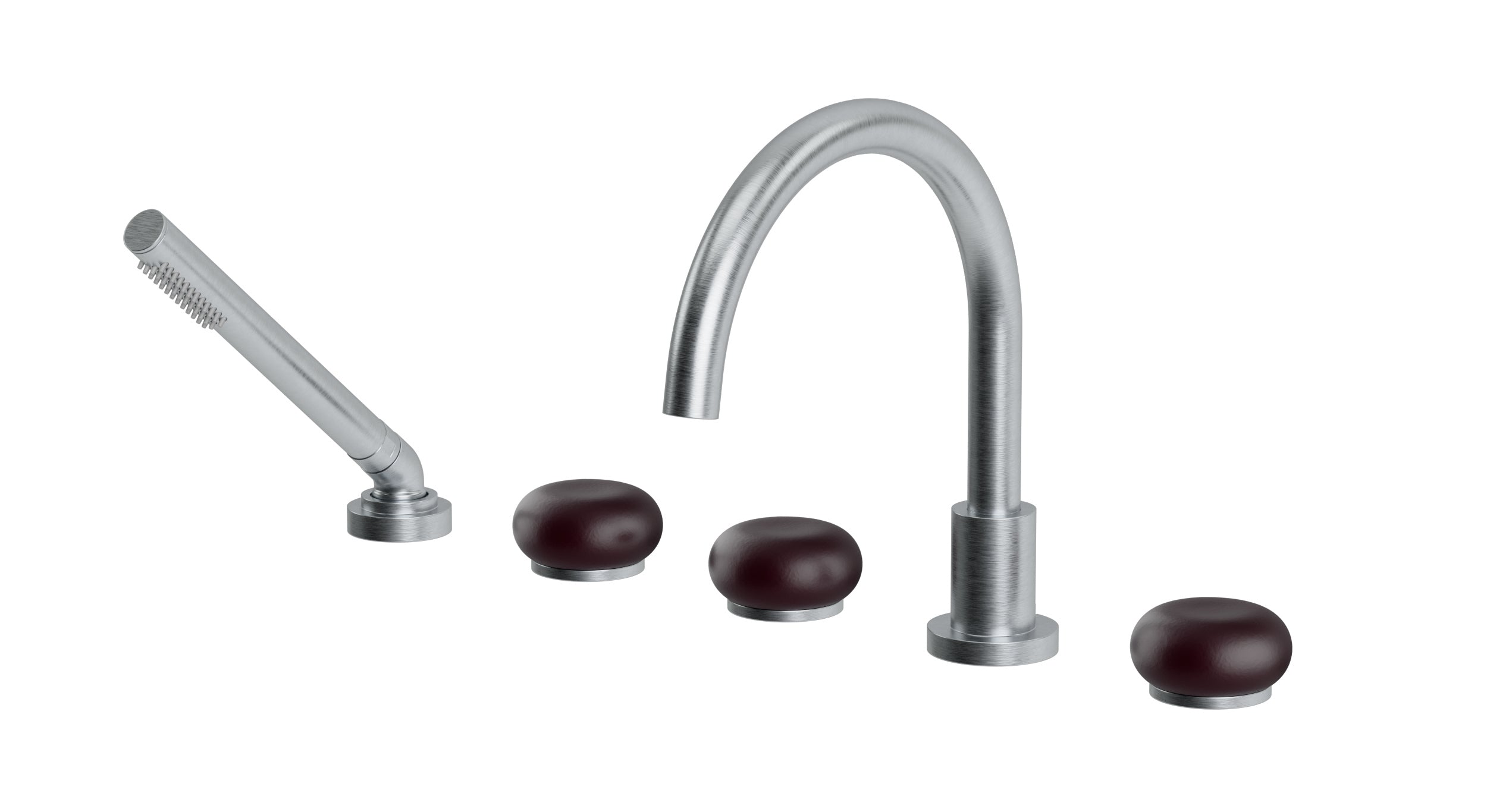 Foundry Three Handle Deck Mount Gooseneck Bath Trim with Hand Shower and Pebble Ceramic Knob Handles in Satin Chrome