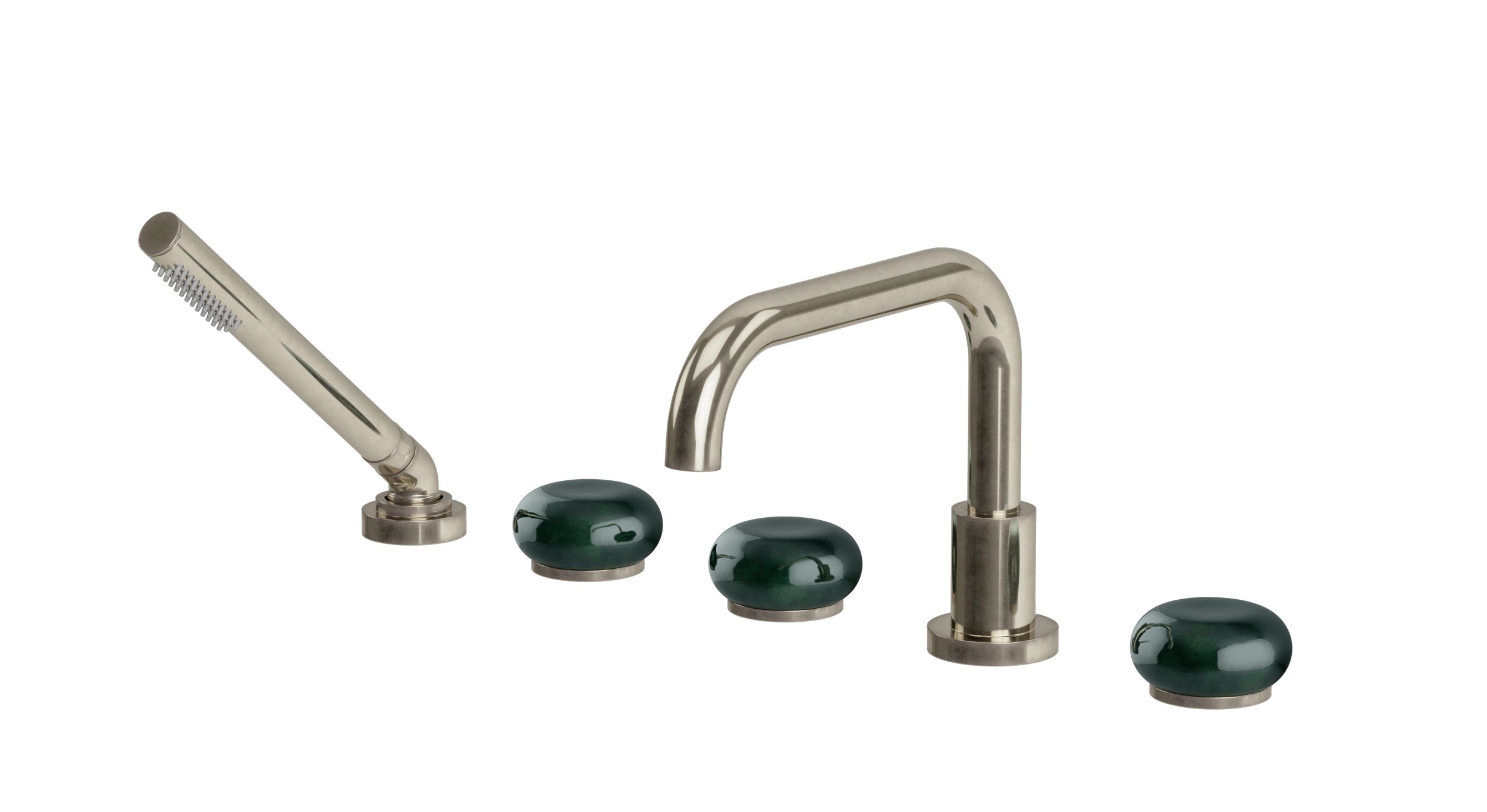 Foundry Three Handle Deck Mount Squaretop Bath Trim with Hand Shower and Pebble Ceramic Knob Handles in French Nickel