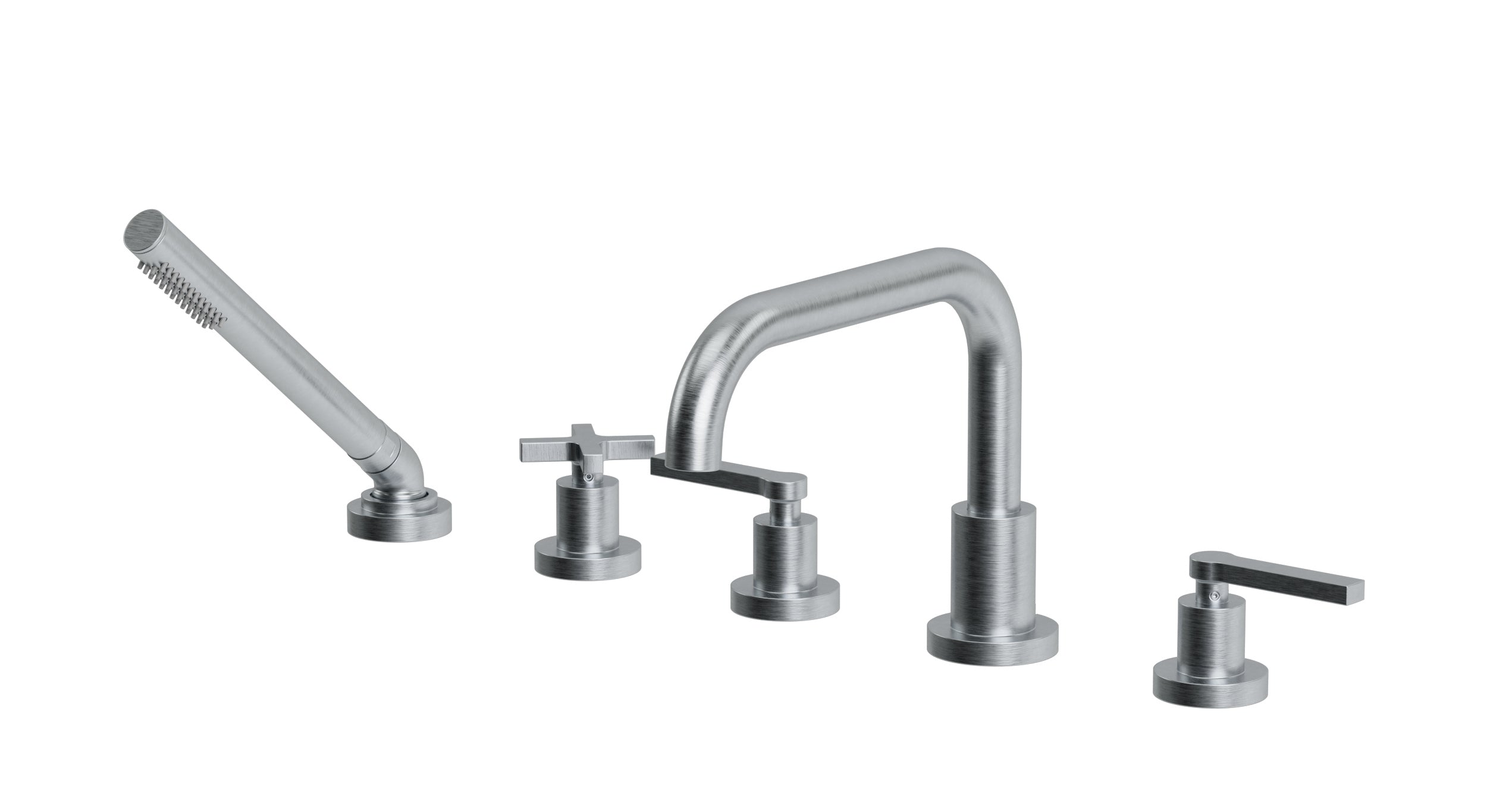 Flatiron Three Handle Deck Mount Squaretop Bath Trim with Hand Shower and Linear Cross/Linear Lever Handles in Satin Chrome