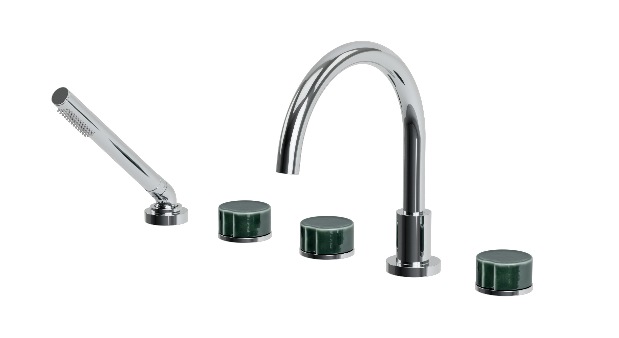 Foundry Three Handle Deck Mount Gooseneck Bath Trim with Hand Shower and Groove Ceramic Knob Handles in Polished Chrome