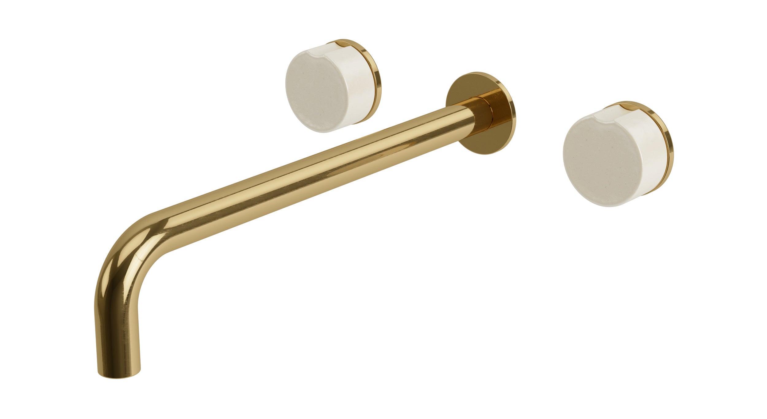 Foundry Two Handle Wall Mount 12" Lavatory Faucet with Groove Ceramic Knob Handles in Uncoated Polished Brass