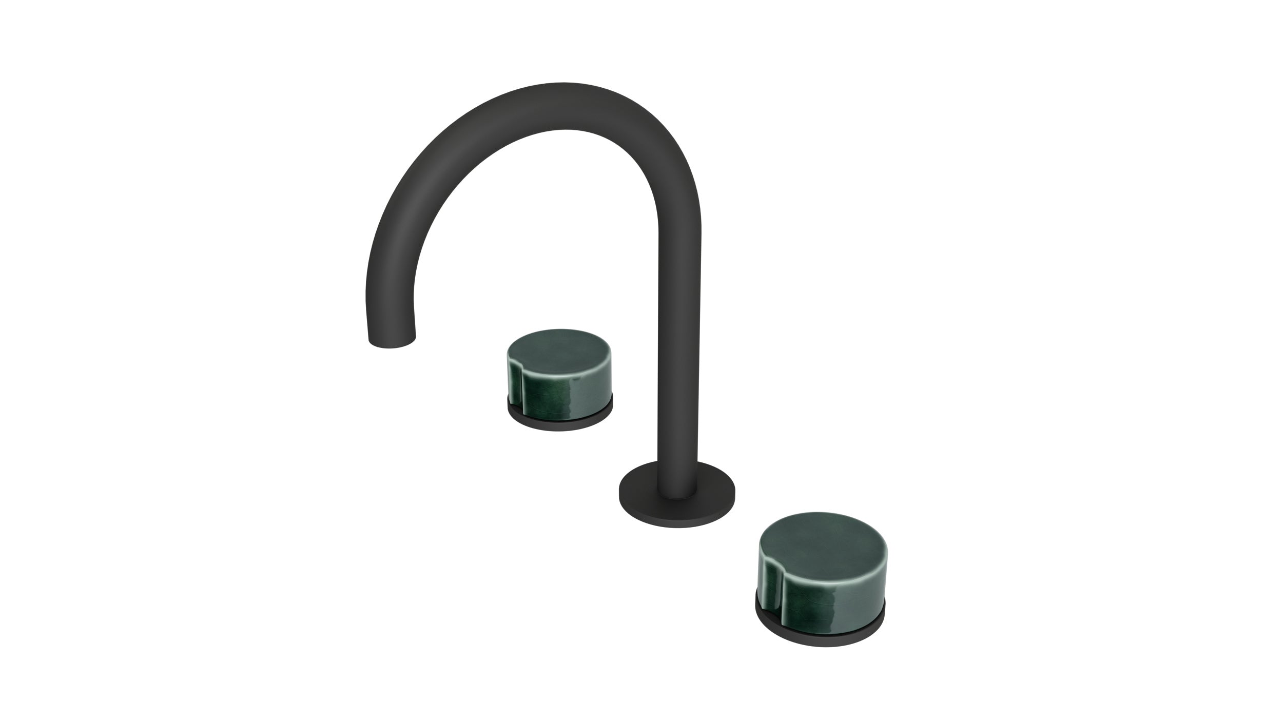 Foundry Two Handle Deck Mount Gooseneck Lavatory Faucet with Groove Ceramic Knob Handles in Matte Black
