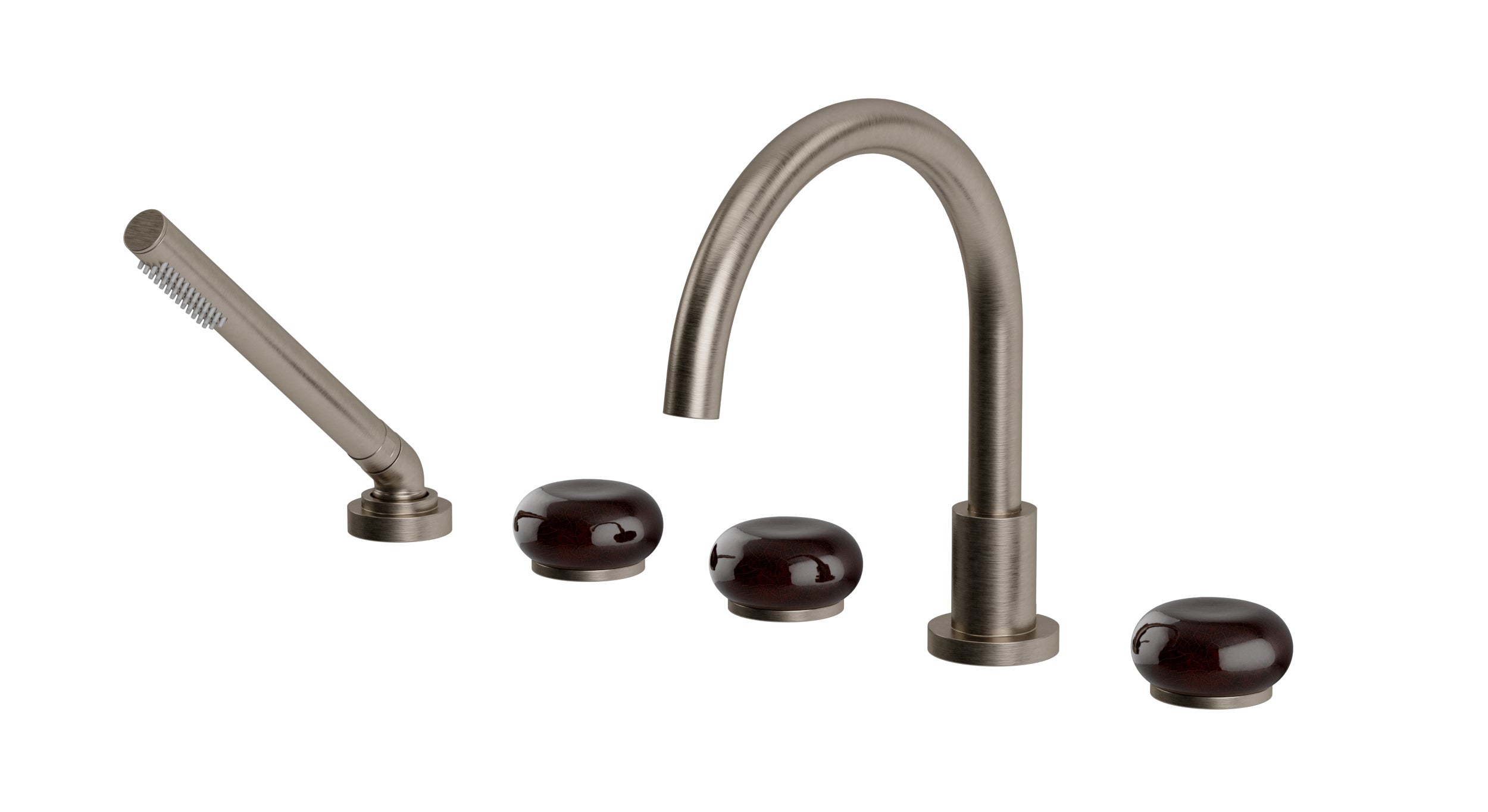 Foundry Three Handle Deck Mount Gooseneck Bath Trim with Hand Shower and Pebble Ceramic Knob Handles in Antique Nickel