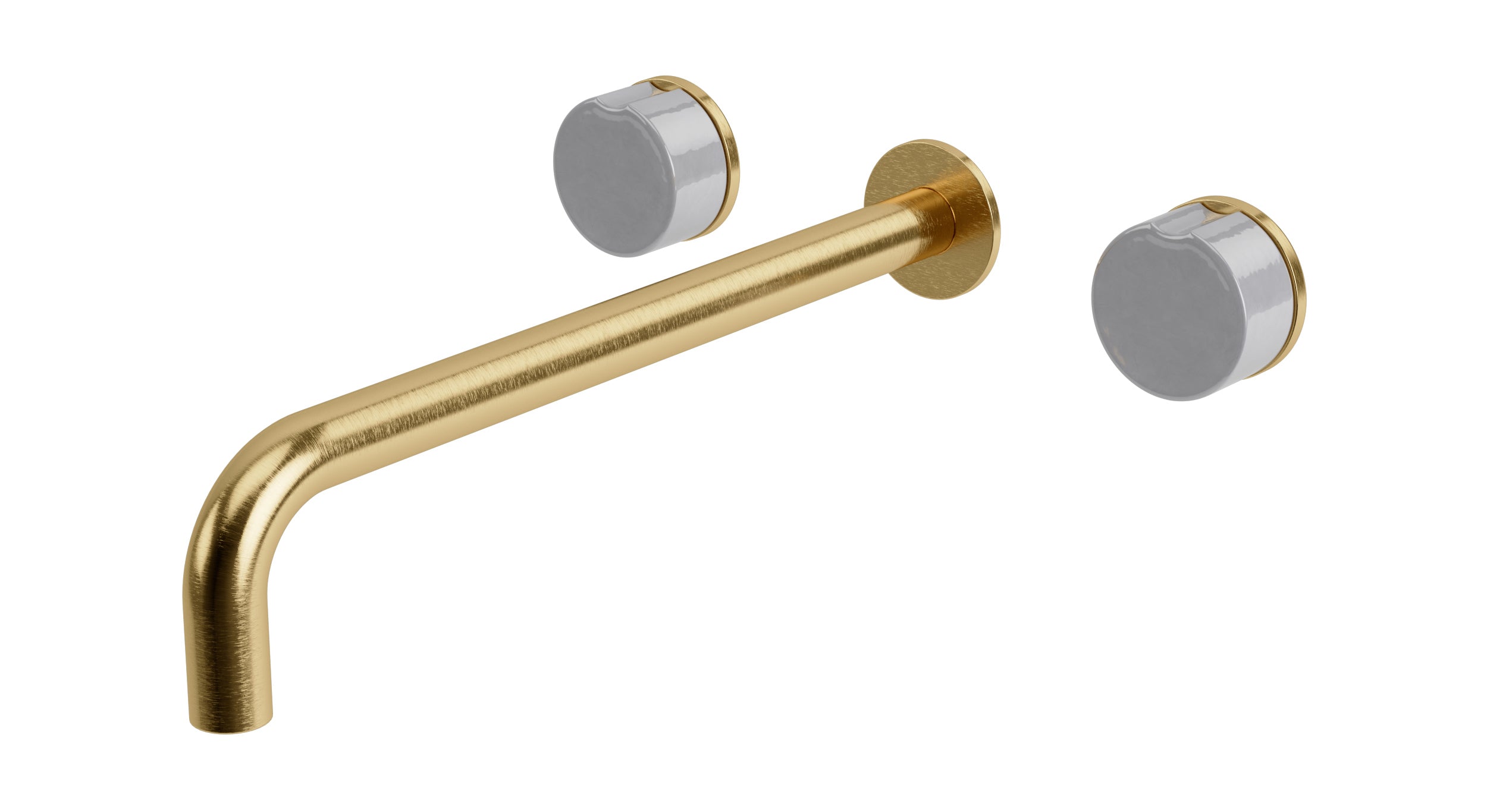 Foundry Two Handle Wall Mount 12" Lavatory Faucet with Groove Ceramic Knob Handles in Satin Brass