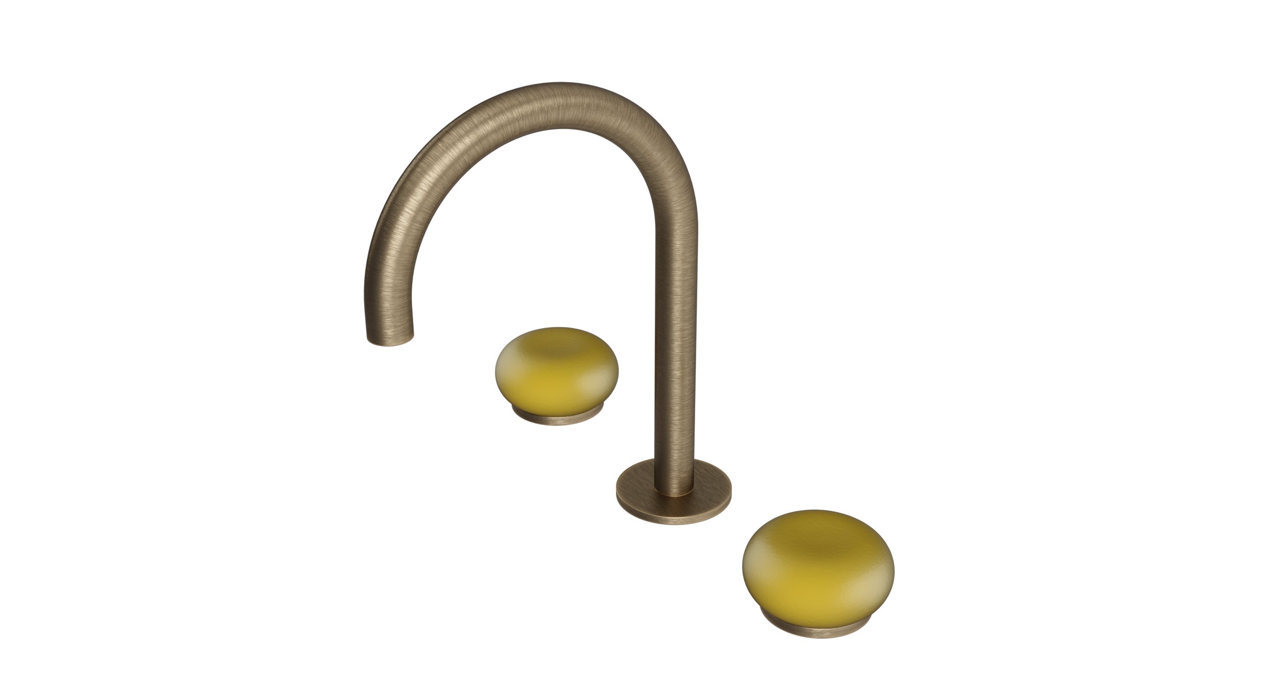 Foundry Two Handle Deck Mount Gooseneck Lavatory Faucet with Pebble Ceramic Knob Handles in Antique Brass