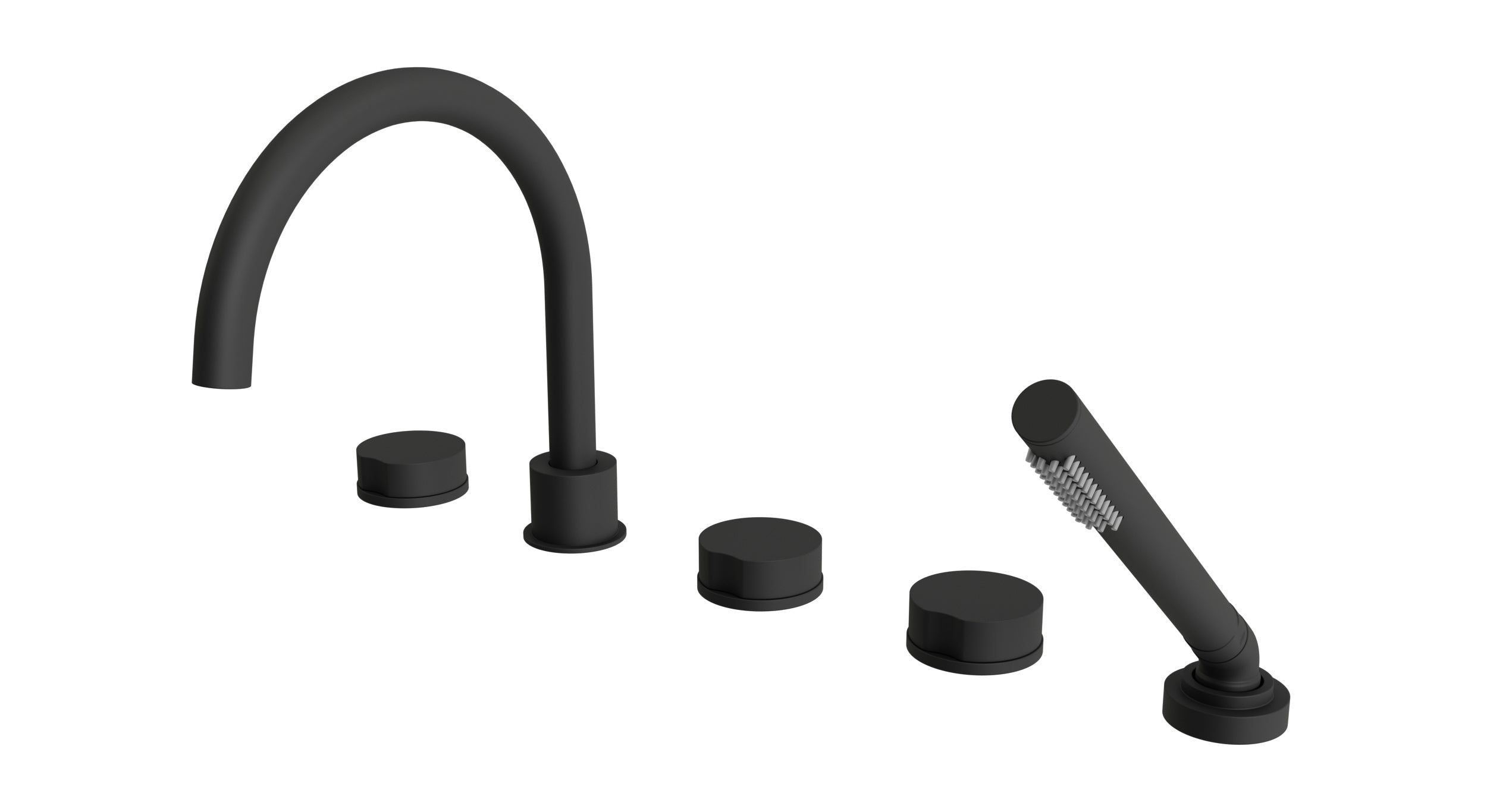 Foundry Three Handle Deck Mount Gooseneck Bath Trim with Hand Shower and Circle Knob Handles in Matte Black