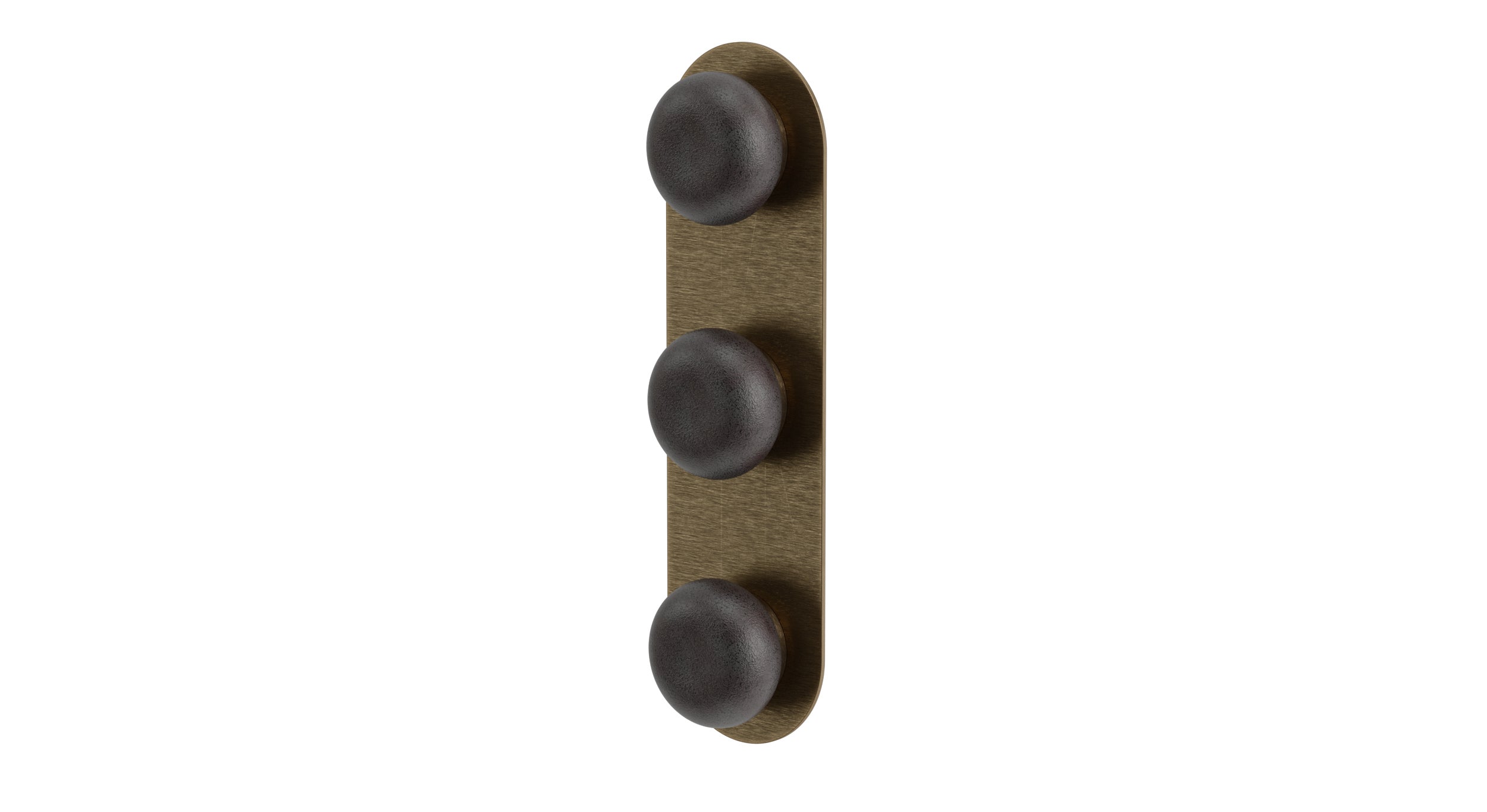 Foundry Three Handle Wall Mount Shower Trim with Pebble Ceramic Knob Handles in Antique Brass