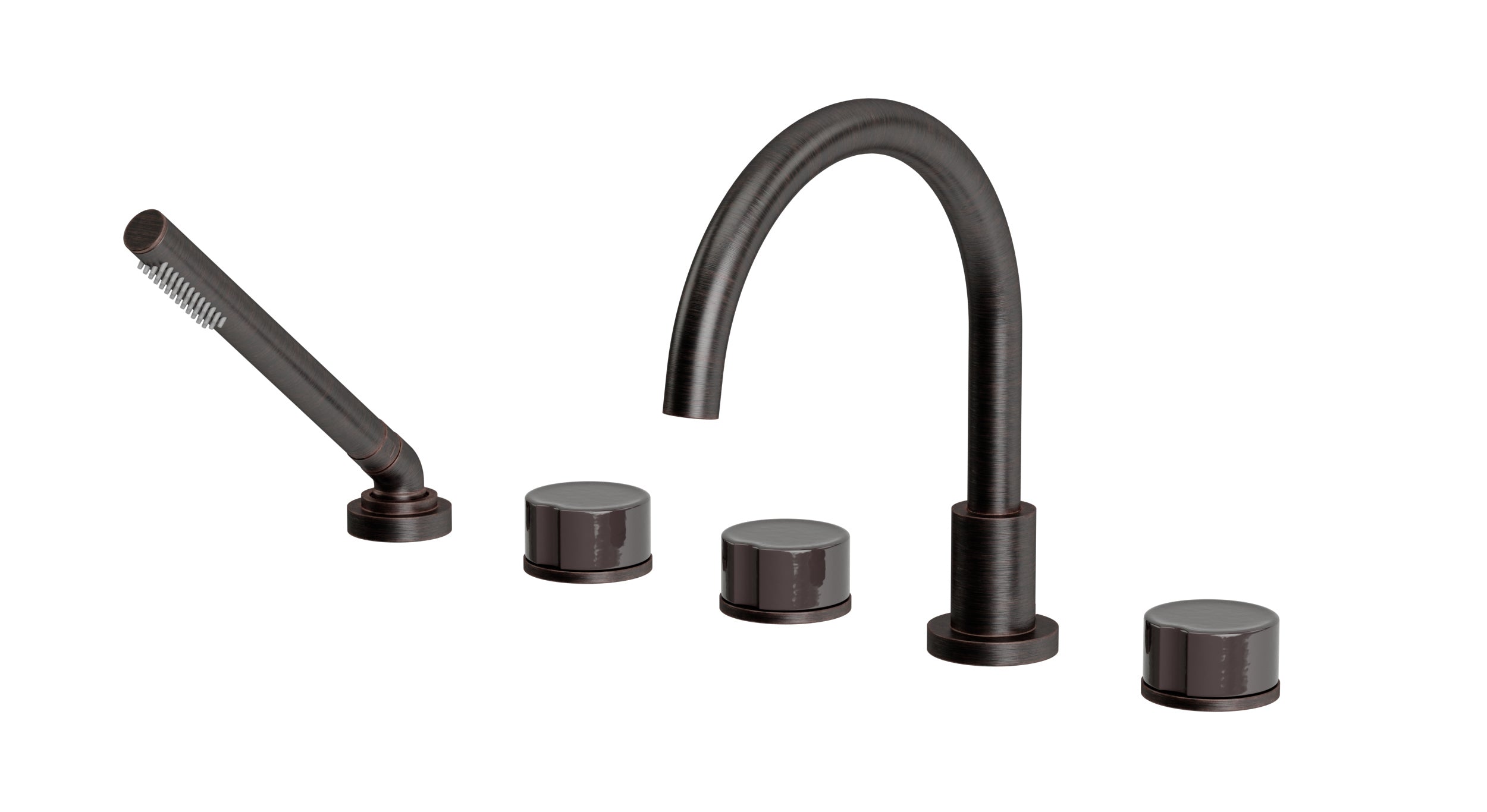 Foundry Three Handle Deck Mount Gooseneck Bath Trim with Hand Shower and Groove Ceramic Knob Handles in Antique Bronze