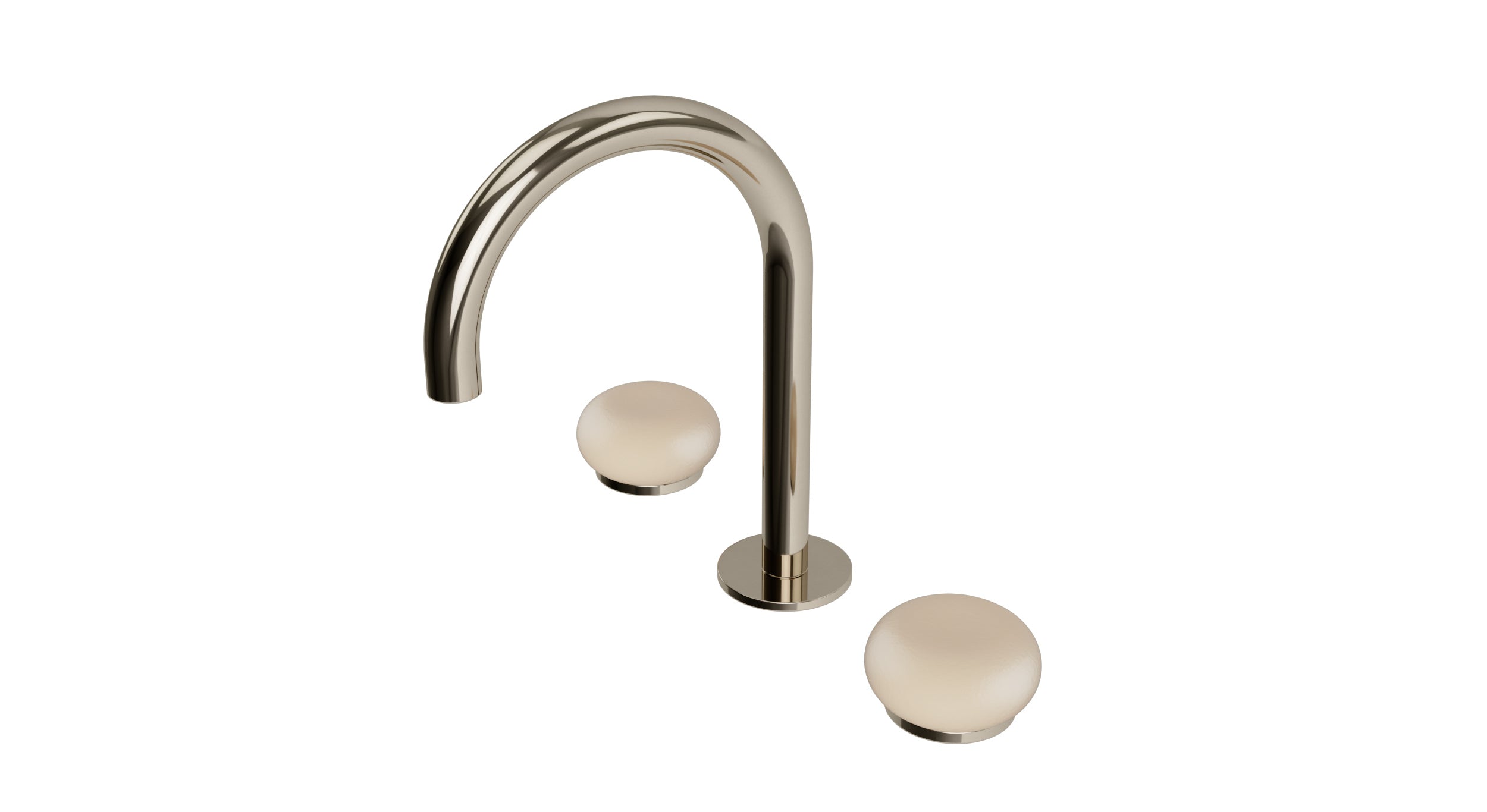 Foundry Two Handle Deck Mount Gooseneck Lavatory Faucet with Pebble Ceramic Knob Handles in Polished Nickel