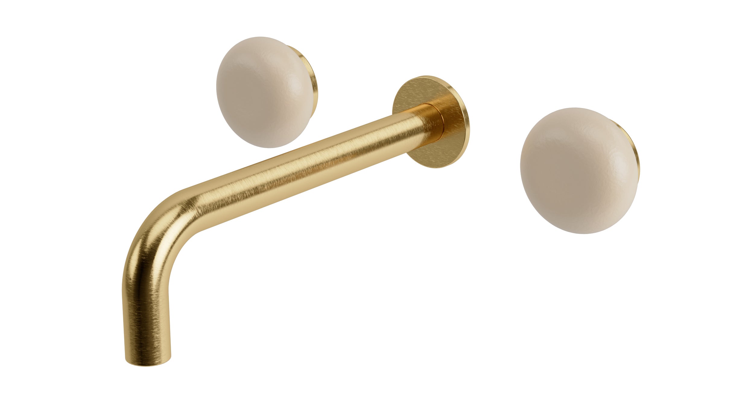 Foundry Two Handle Wall Mount 7.5" Lavatory Faucet with Pebble Ceramic Knob Handles in Satin Brass