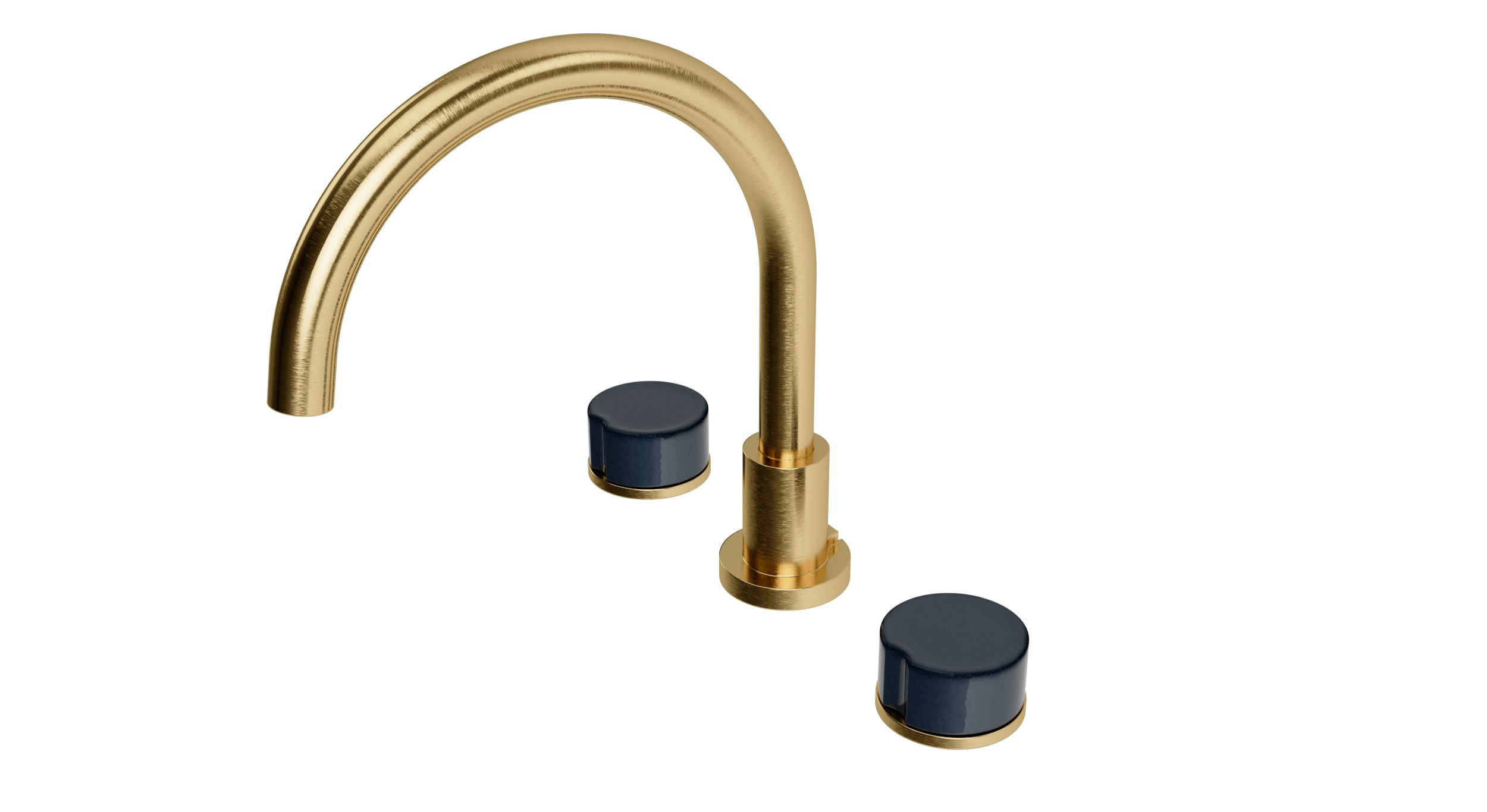 Foundry Two Handle Deck Mount Gooseneck Bath Trim with Groove Ceramic Knob Handles in Satin Brass