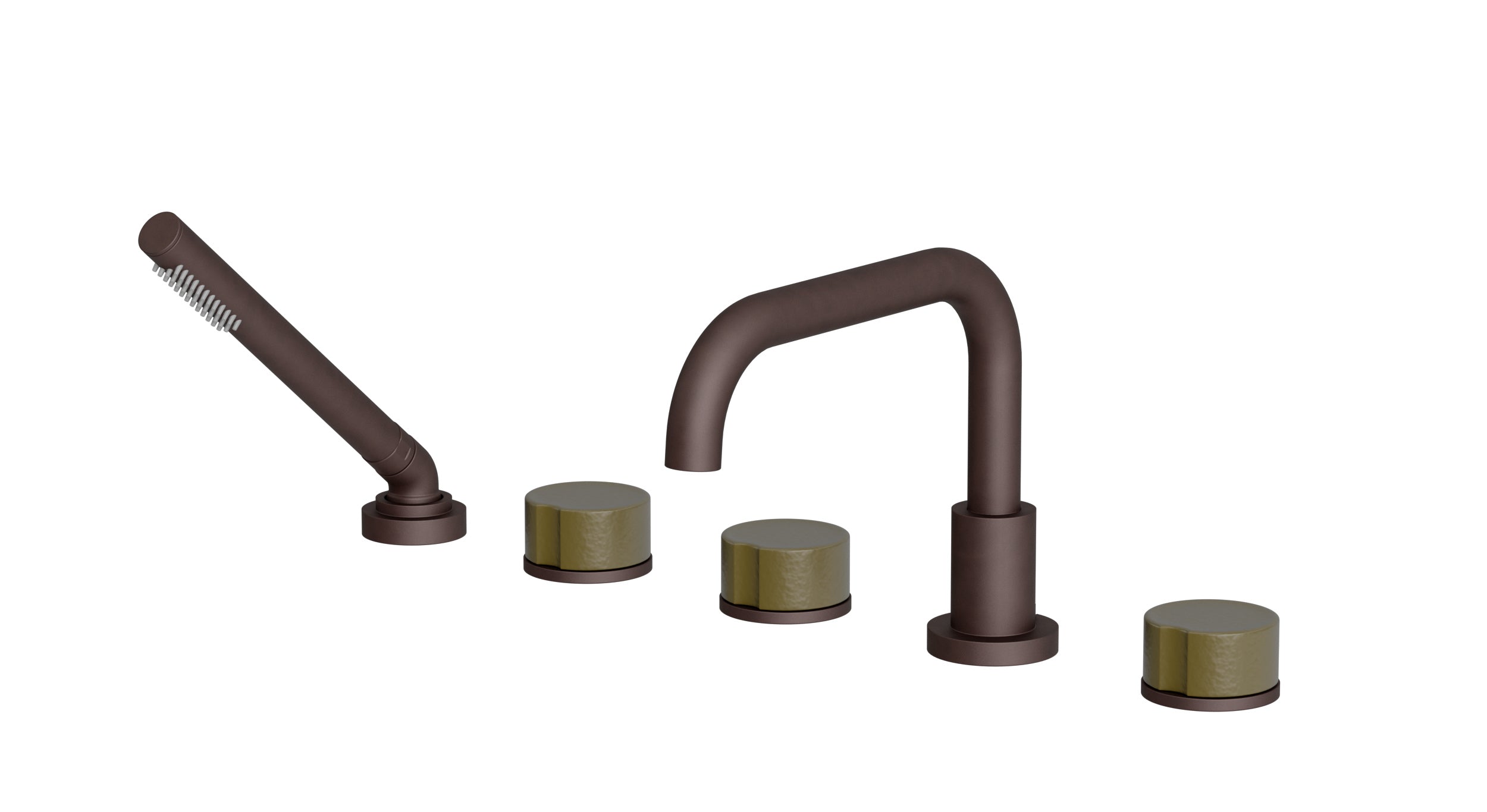 Foundry Three Handle Deck Mount Squaretop Bath Trim with Hand Shower and Groove Ceramic Knob Handles in Architectural Copper