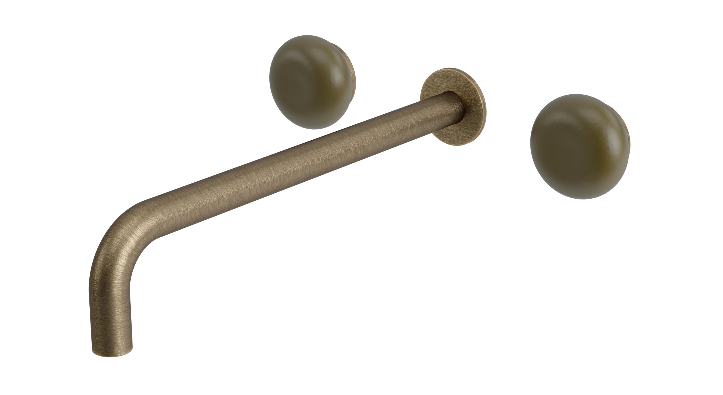 Foundry Two Handle Wall Mount 12" Lavatory Faucet with Pebble Ceramic Knob Handles in Antique Brass