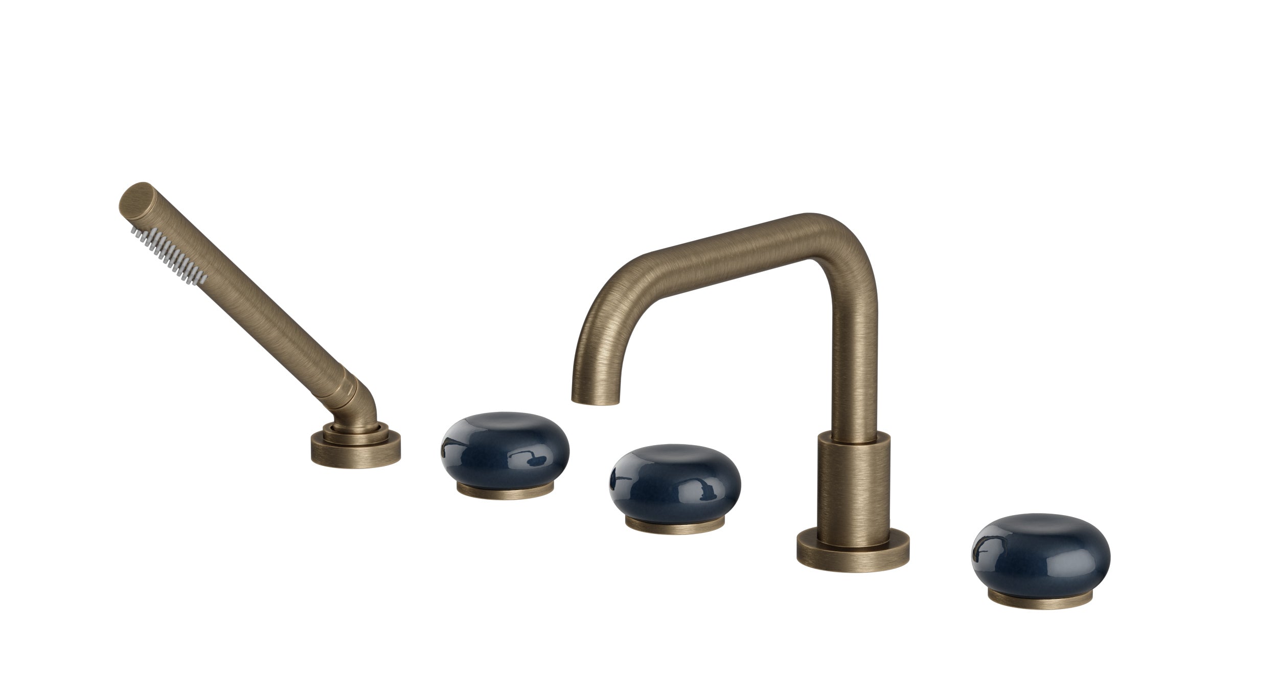 Foundry Three Handle Deck Mount Squaretop Bath Trim with Hand Shower and Pebble Ceramic Knob Handles in Antique Brass